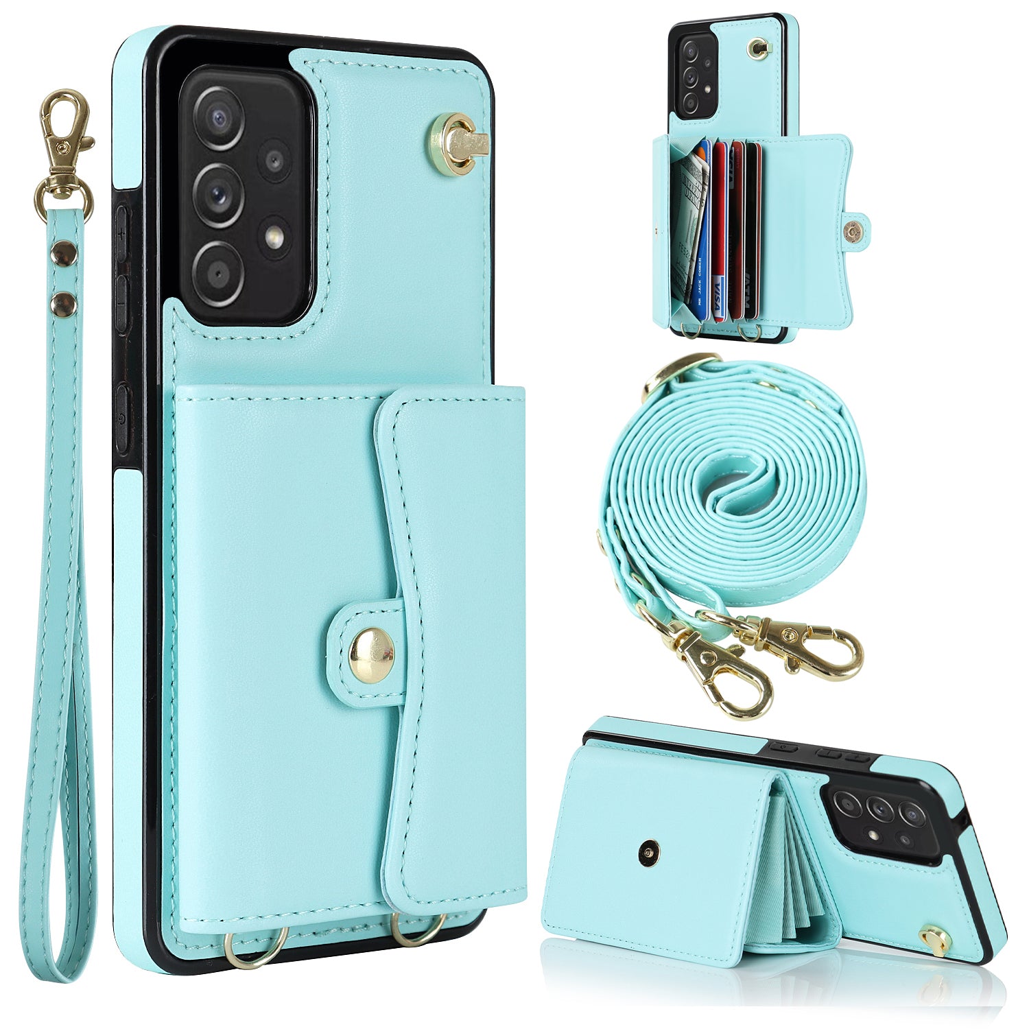 RFID Blocking Phone Case for Samsung Galaxy A53 5G Kickstand Accordion Style Card Slots Phone Cover with Short Strap and Long Strap