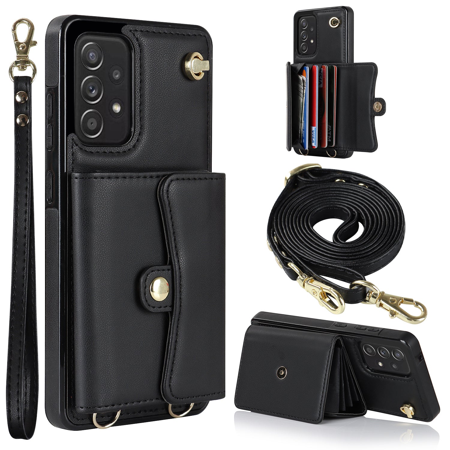 RFID Blocking Phone Case for Samsung Galaxy A53 5G Kickstand Accordion Style Card Slots Phone Cover with Short Strap and Long Strap