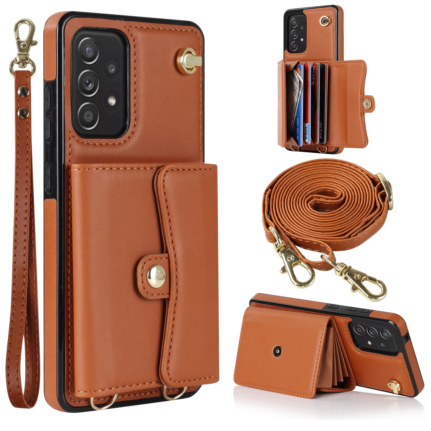 RFID Blocking Phone Case for Samsung Galaxy A53 5G Kickstand Accordion Style Card Slots Phone Cover with Short Strap and Long Strap