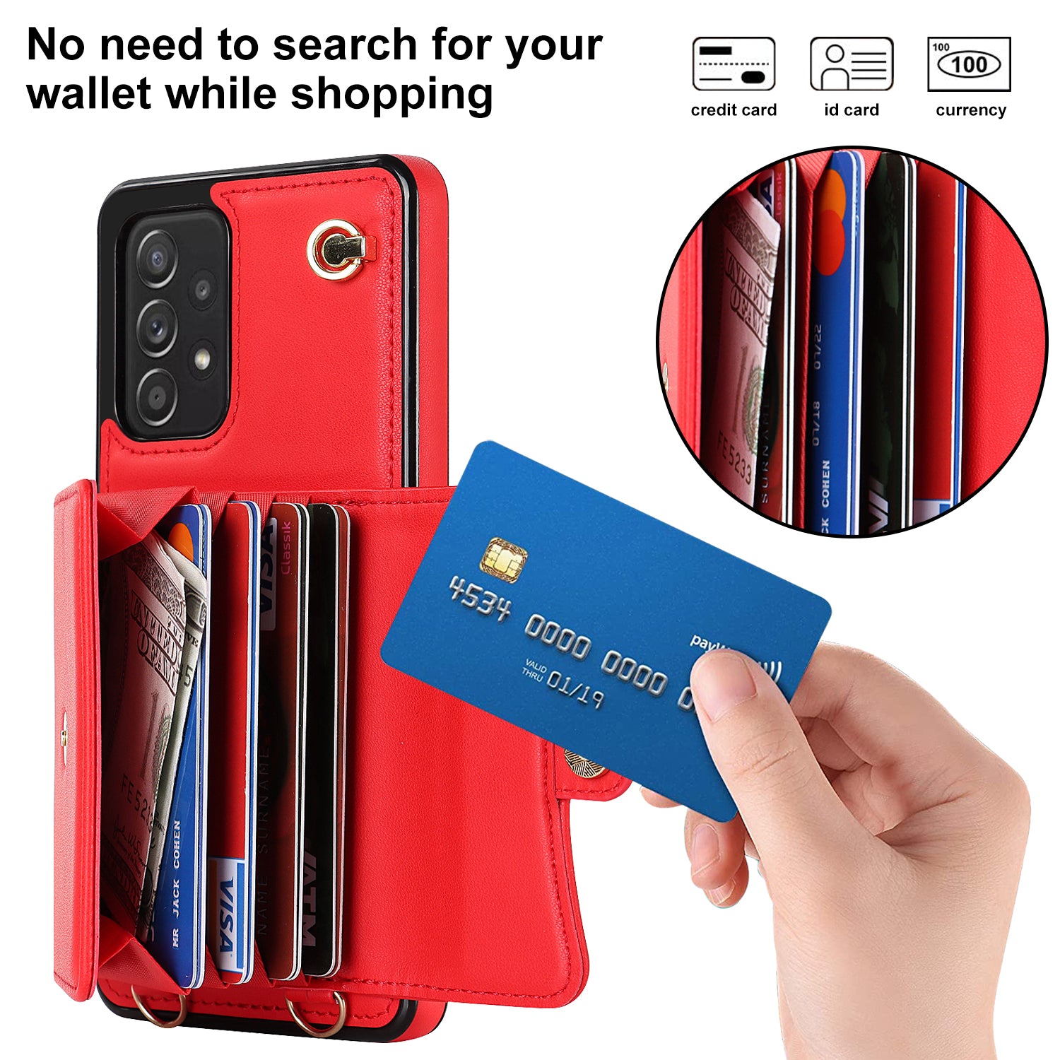 RFID Blocking Phone Case for Samsung Galaxy A53 5G Kickstand Accordion Style Card Slots Phone Cover with Short Strap and Long Strap