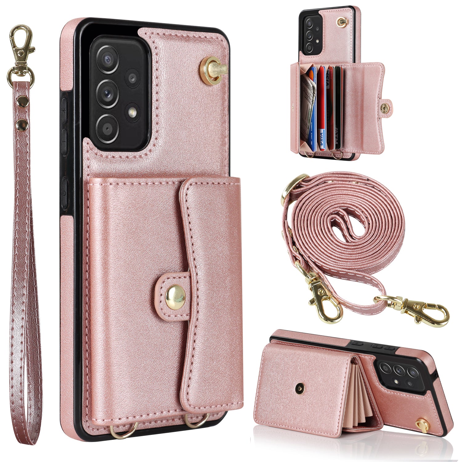 RFID Blocking Phone Case for Samsung Galaxy A53 5G Kickstand Accordion Style Card Slots Phone Cover with Short Strap and Long Strap