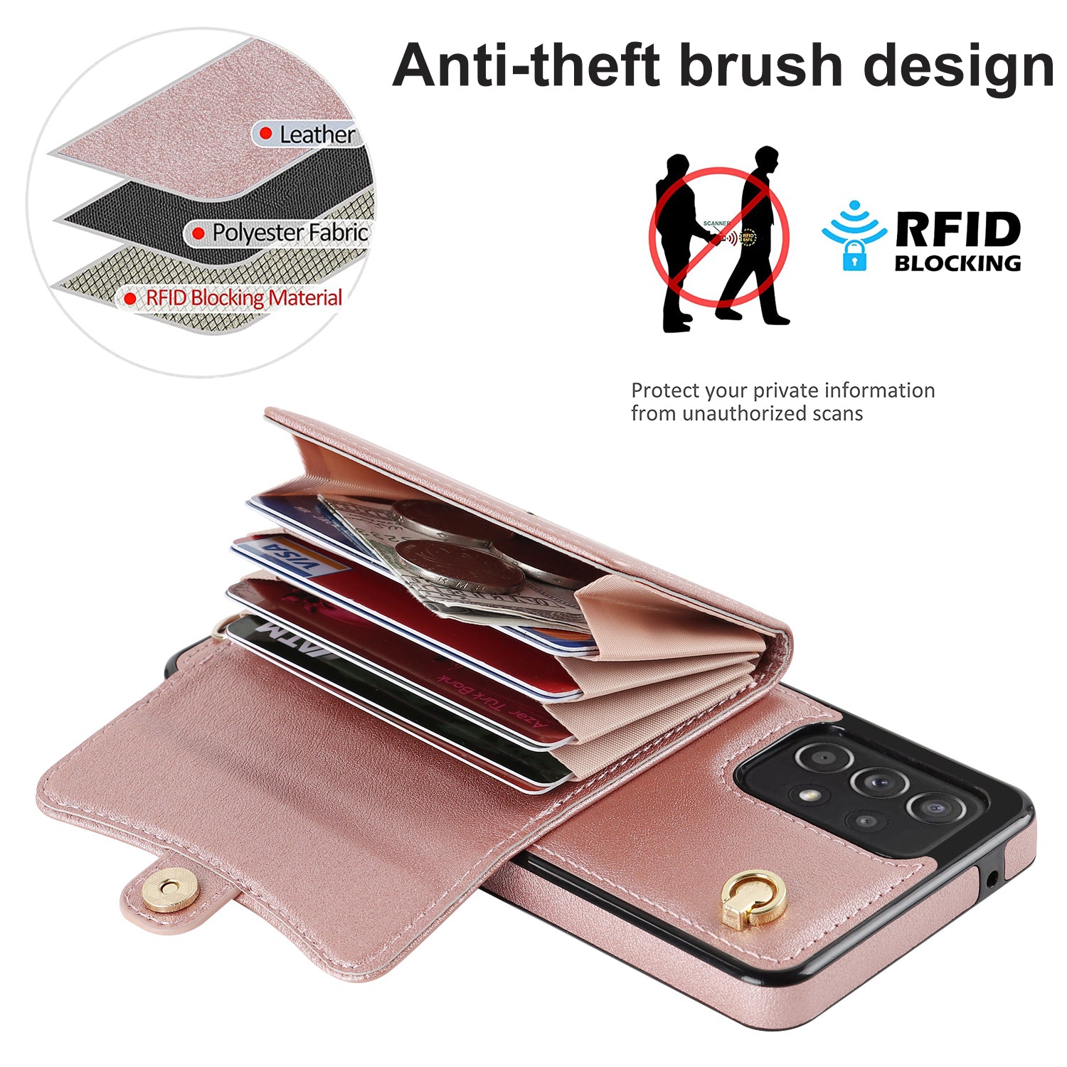 RFID Blocking Phone Case for Samsung Galaxy A53 5G Kickstand Accordion Style Card Slots Phone Cover with Short Strap and Long Strap