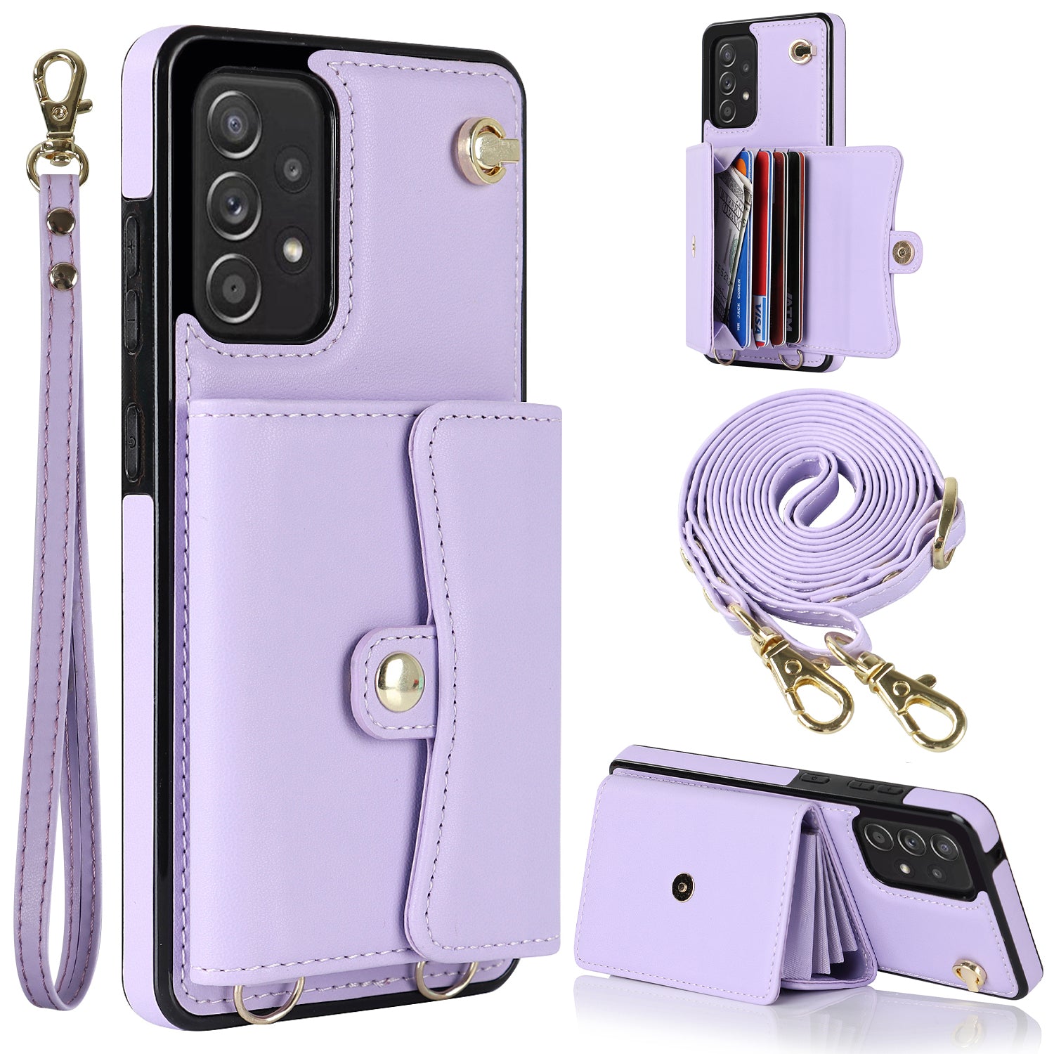 RFID Blocking Phone Case for Samsung Galaxy A53 5G Kickstand Accordion Style Card Slots Phone Cover with Short Strap and Long Strap