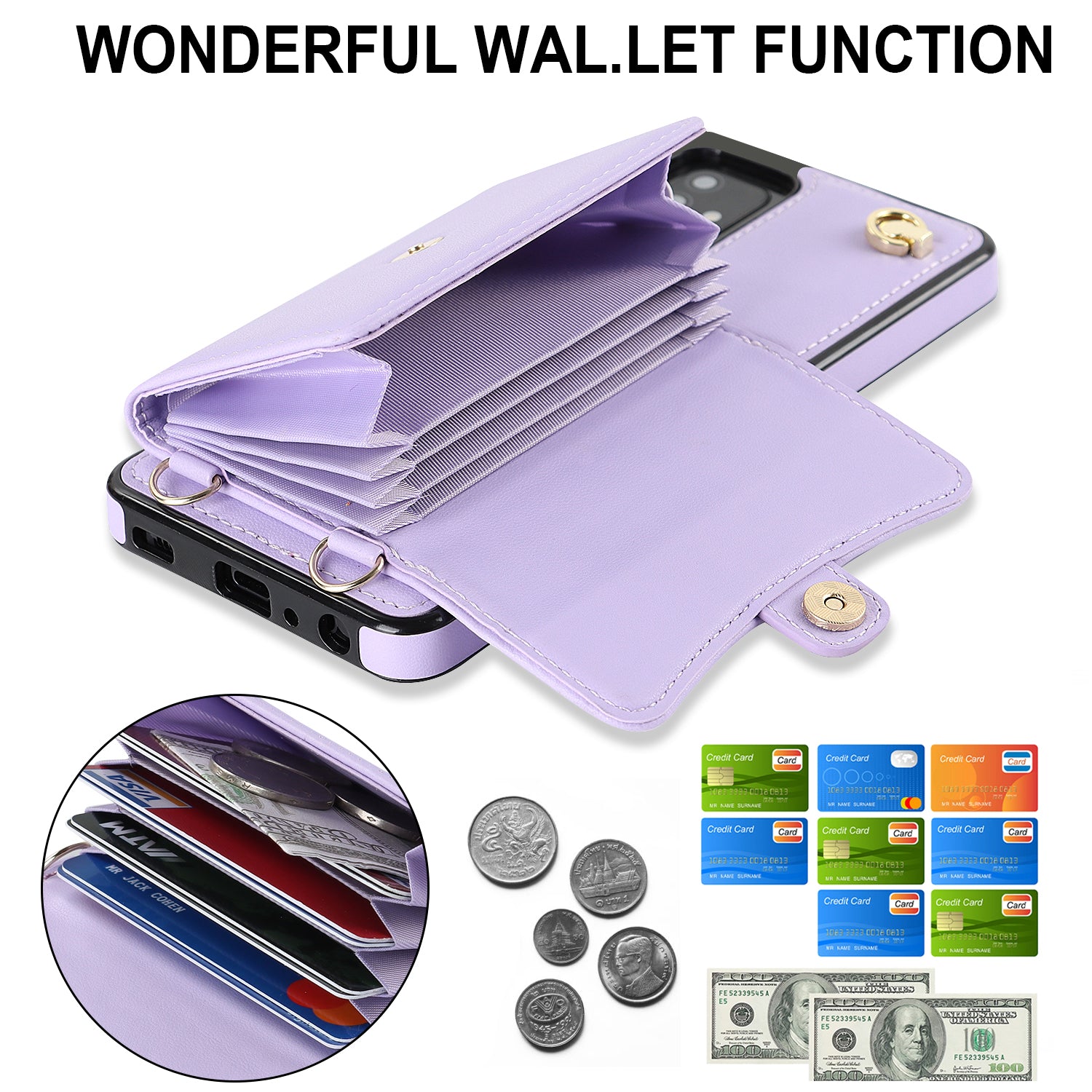 RFID Blocking Phone Case for Samsung Galaxy A53 5G Kickstand Accordion Style Card Slots Phone Cover with Short Strap and Long Strap