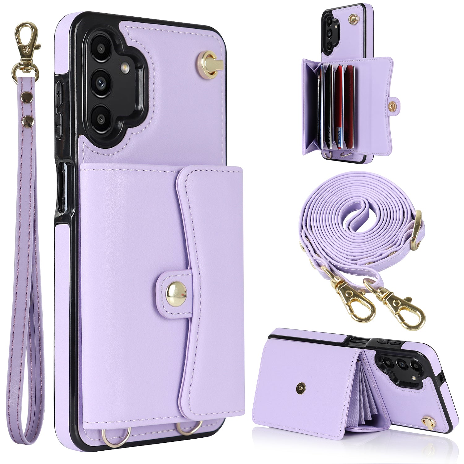For Samsung Galaxy A13 4G 5G Card Slots Phone Case Kickstand RFID Blocking Accordion Style Phone Cover with Short Strap and Long Strap