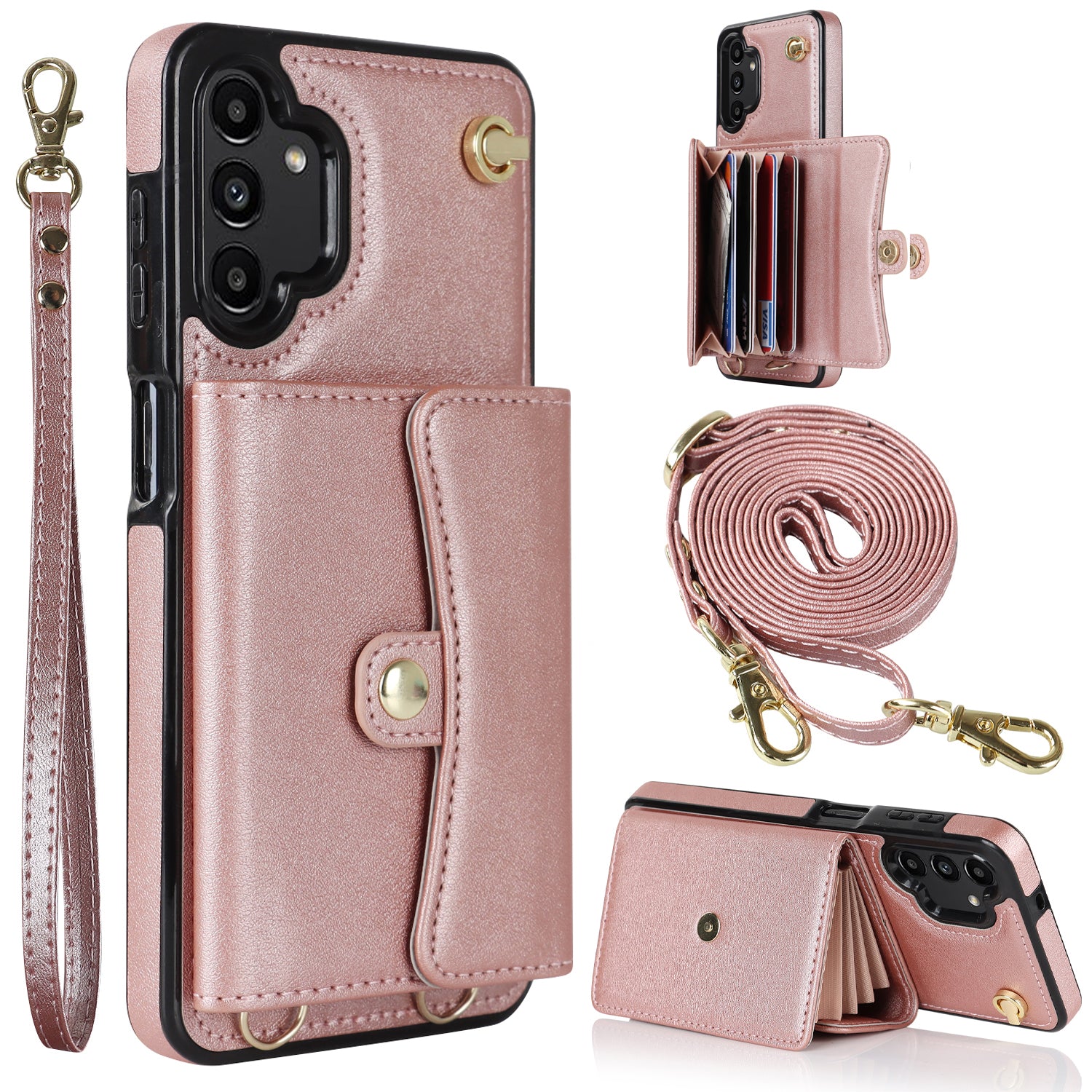 For Samsung Galaxy A13 4G 5G Card Slots Phone Case Kickstand RFID Blocking Accordion Style Phone Cover with Short Strap and Long Strap