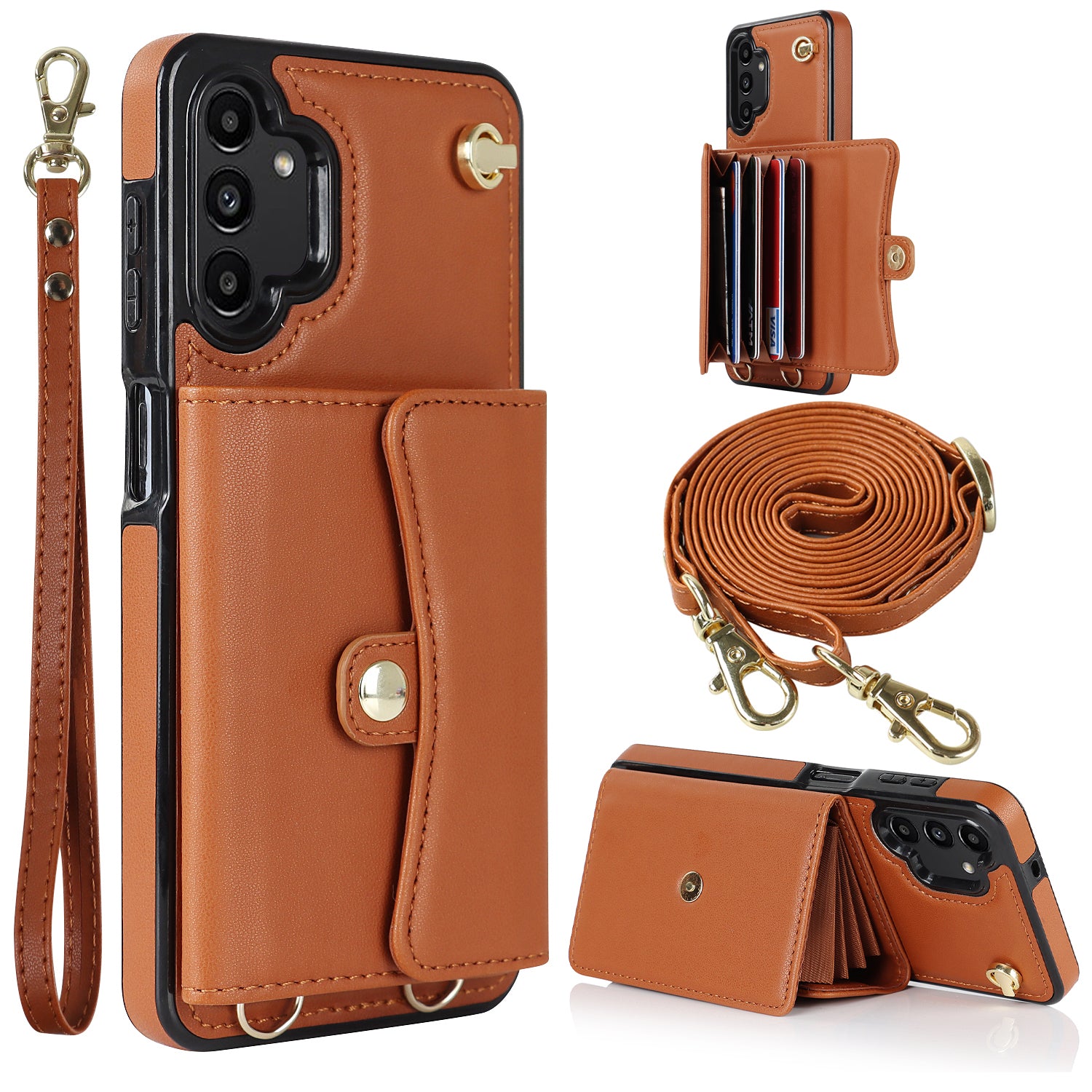 For Samsung Galaxy A13 4G 5G Card Slots Phone Case Kickstand RFID Blocking Accordion Style Phone Cover with Short Strap and Long Strap