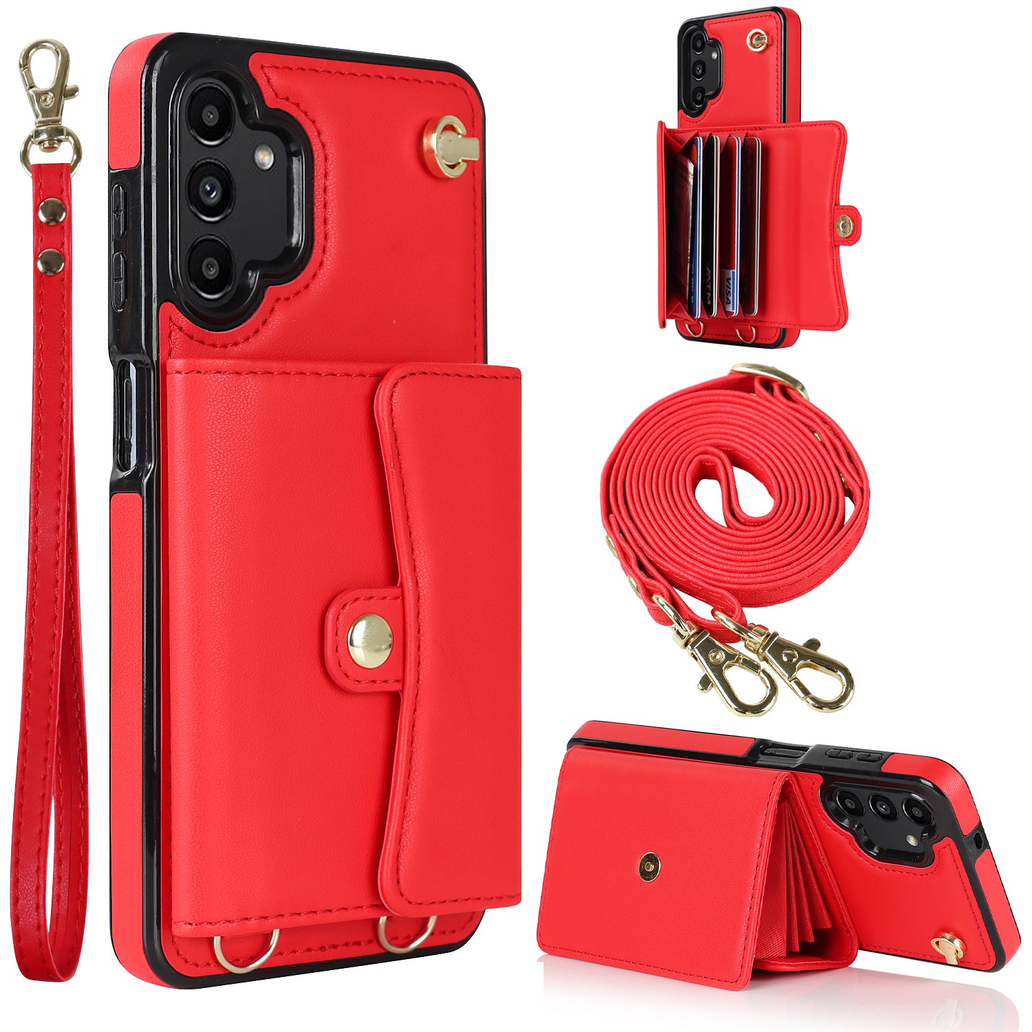 For Samsung Galaxy A13 4G 5G Card Slots Phone Case Kickstand RFID Blocking Accordion Style Phone Cover with Short Strap and Long Strap