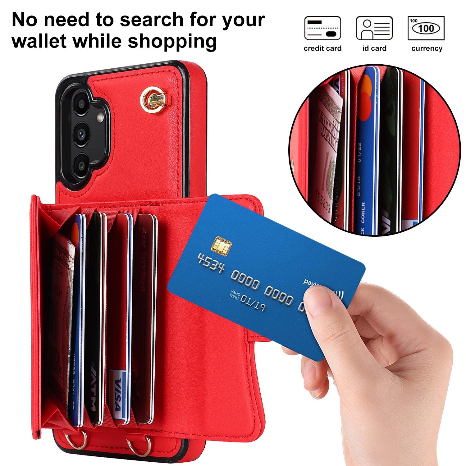 For Samsung Galaxy A13 4G 5G Card Slots Phone Case Kickstand RFID Blocking Accordion Style Phone Cover with Short Strap and Long Strap