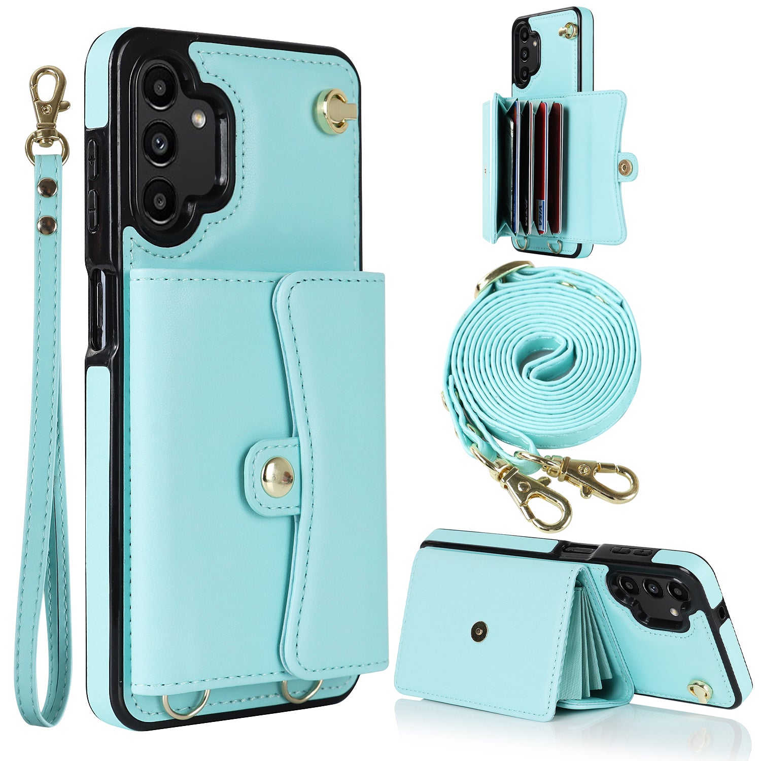 For Samsung Galaxy A13 4G 5G Card Slots Phone Case Kickstand RFID Blocking Accordion Style Phone Cover with Short Strap and Long Strap