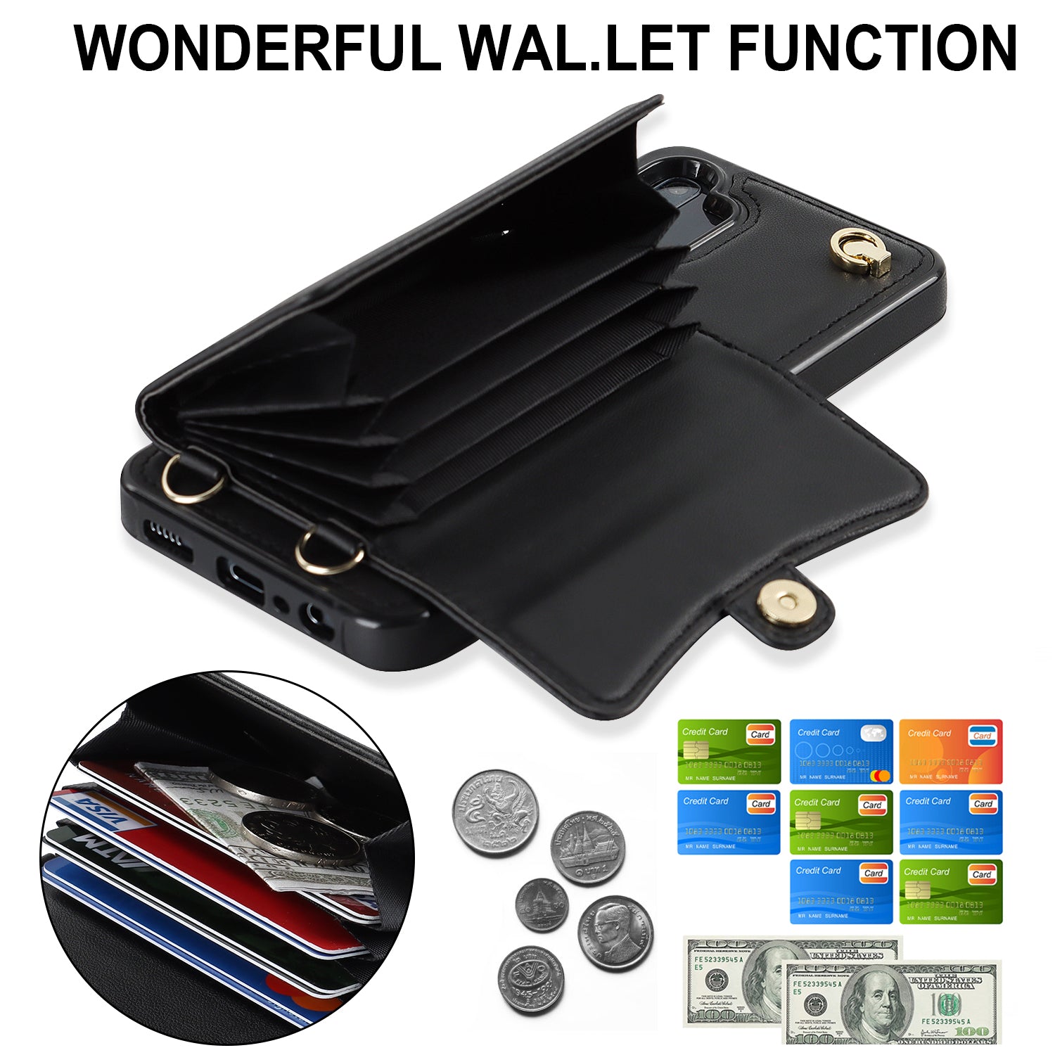 For Samsung Galaxy A13 4G 5G Card Slots Phone Case Kickstand RFID Blocking Accordion Style Phone Cover with Short Strap and Long Strap