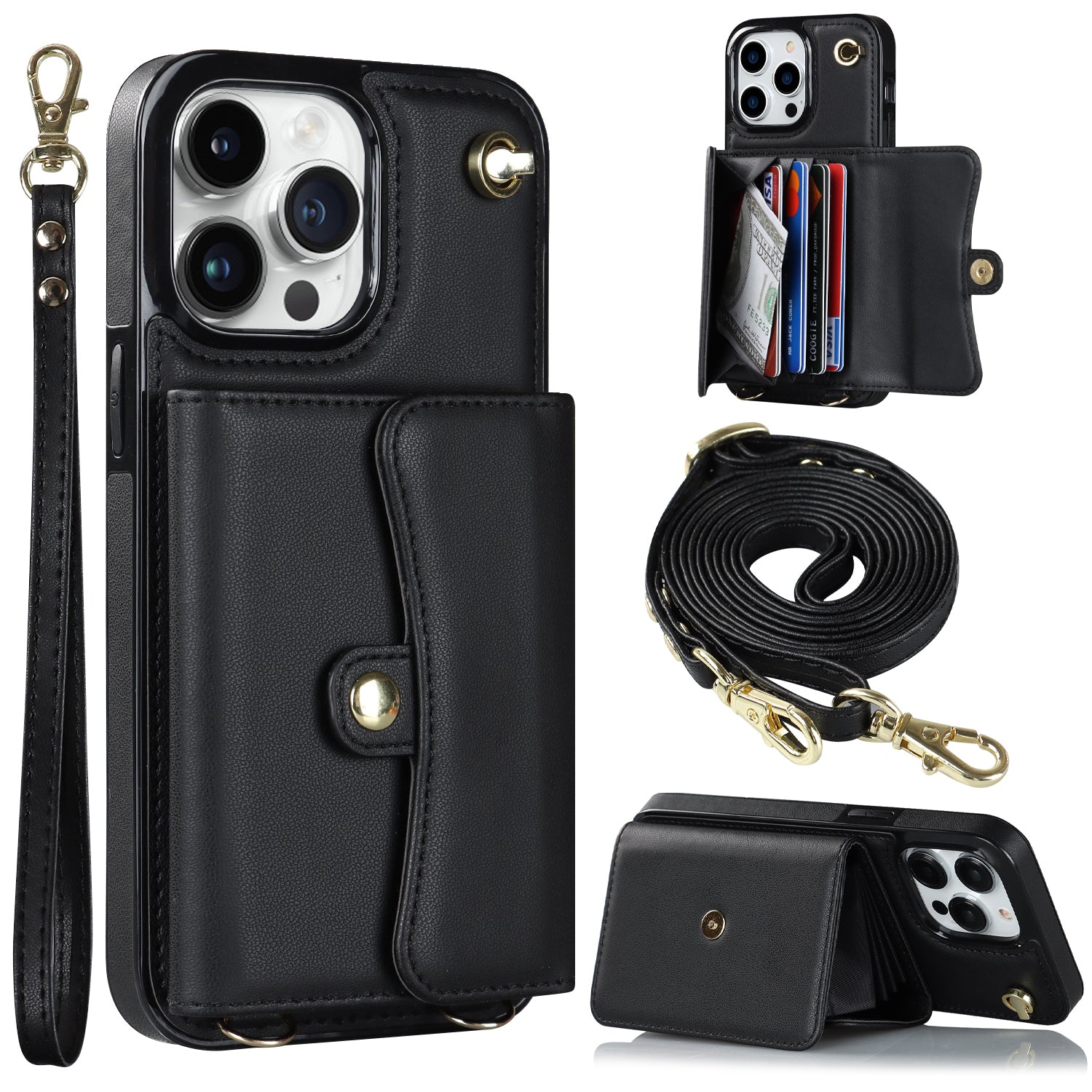 For iPhone 13 Pro 6.1 inch Kickstand Phone Case RFID Blocking Accordion Style Card Slots Cover with Short Strap and Long Strap