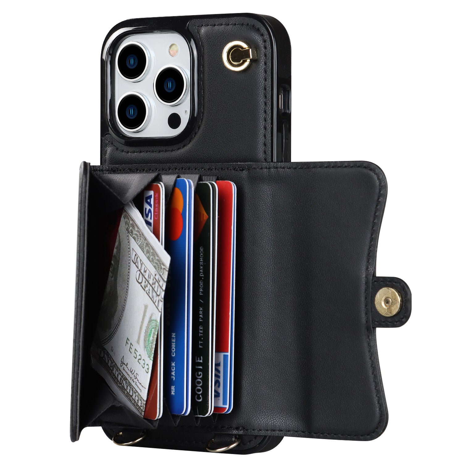 For iPhone 13 Pro 6.1 inch Kickstand Phone Case RFID Blocking Accordion Style Card Slots Cover with Short Strap and Long Strap