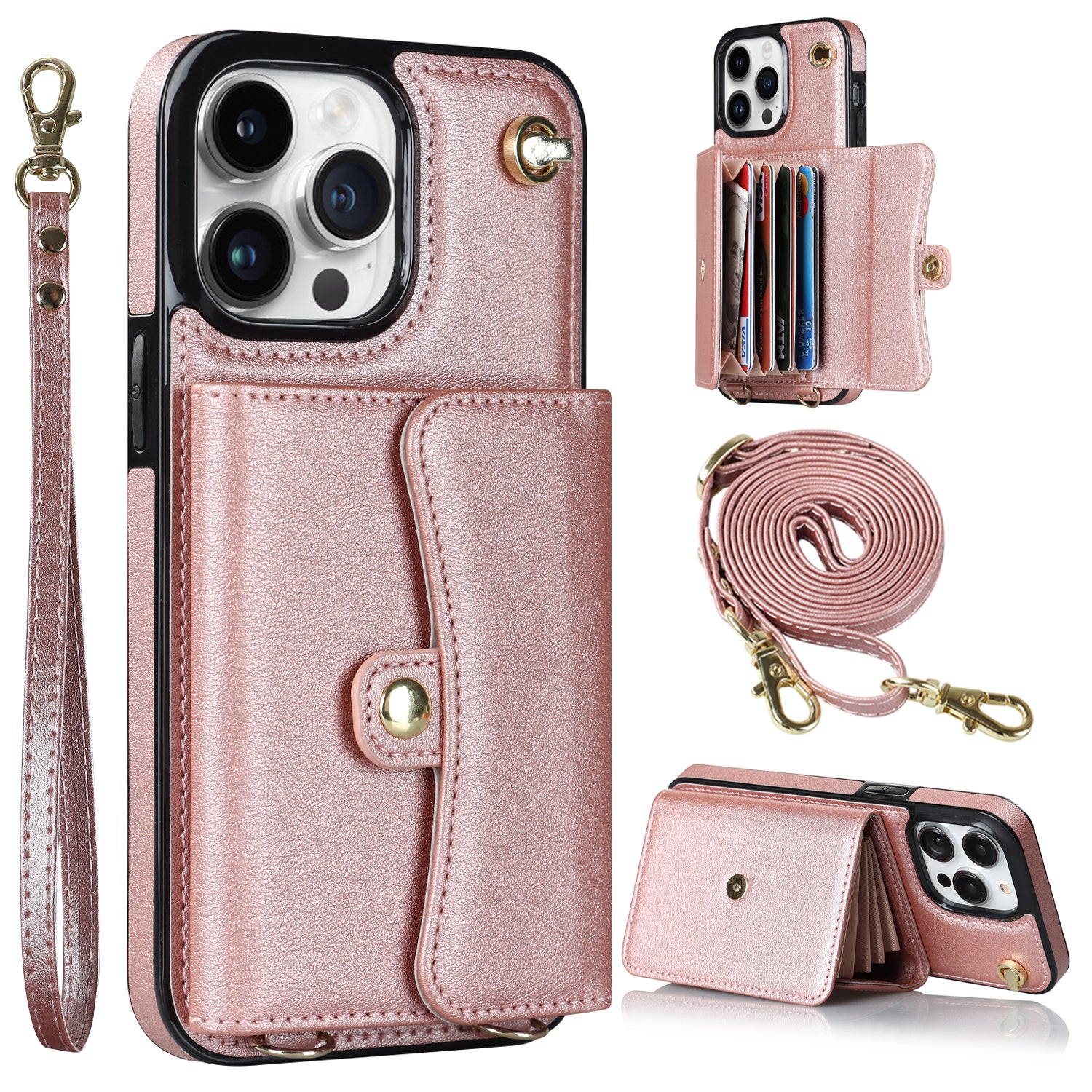 For iPhone 13 Pro 6.1 inch Kickstand Phone Case RFID Blocking Accordion Style Card Slots Cover with Short Strap and Long Strap