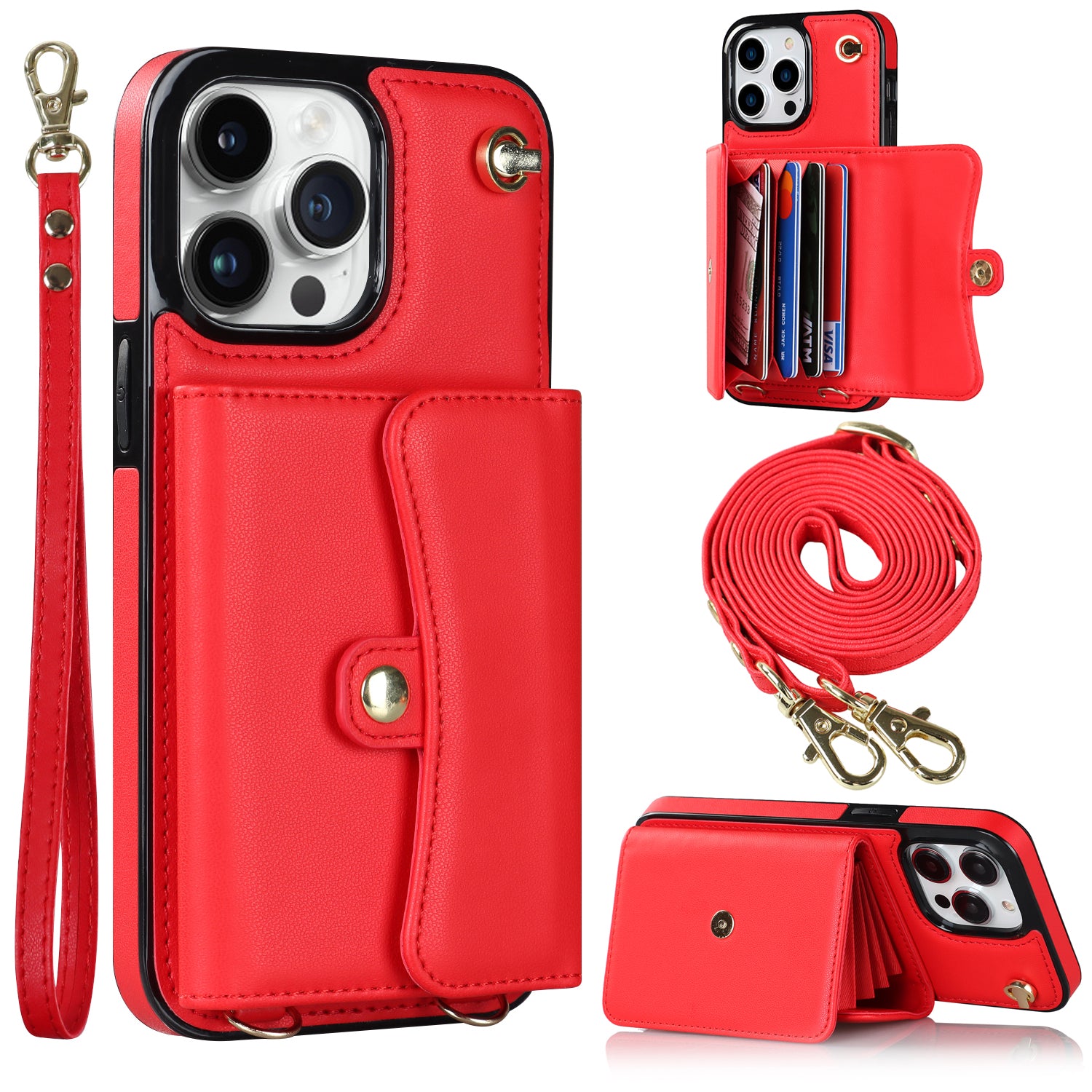 For iPhone 14 Pro Max RFID Blocking Phone Case Kickstand Accordion Style Card Holder Phone Cover with Short Strap and Long Strap
