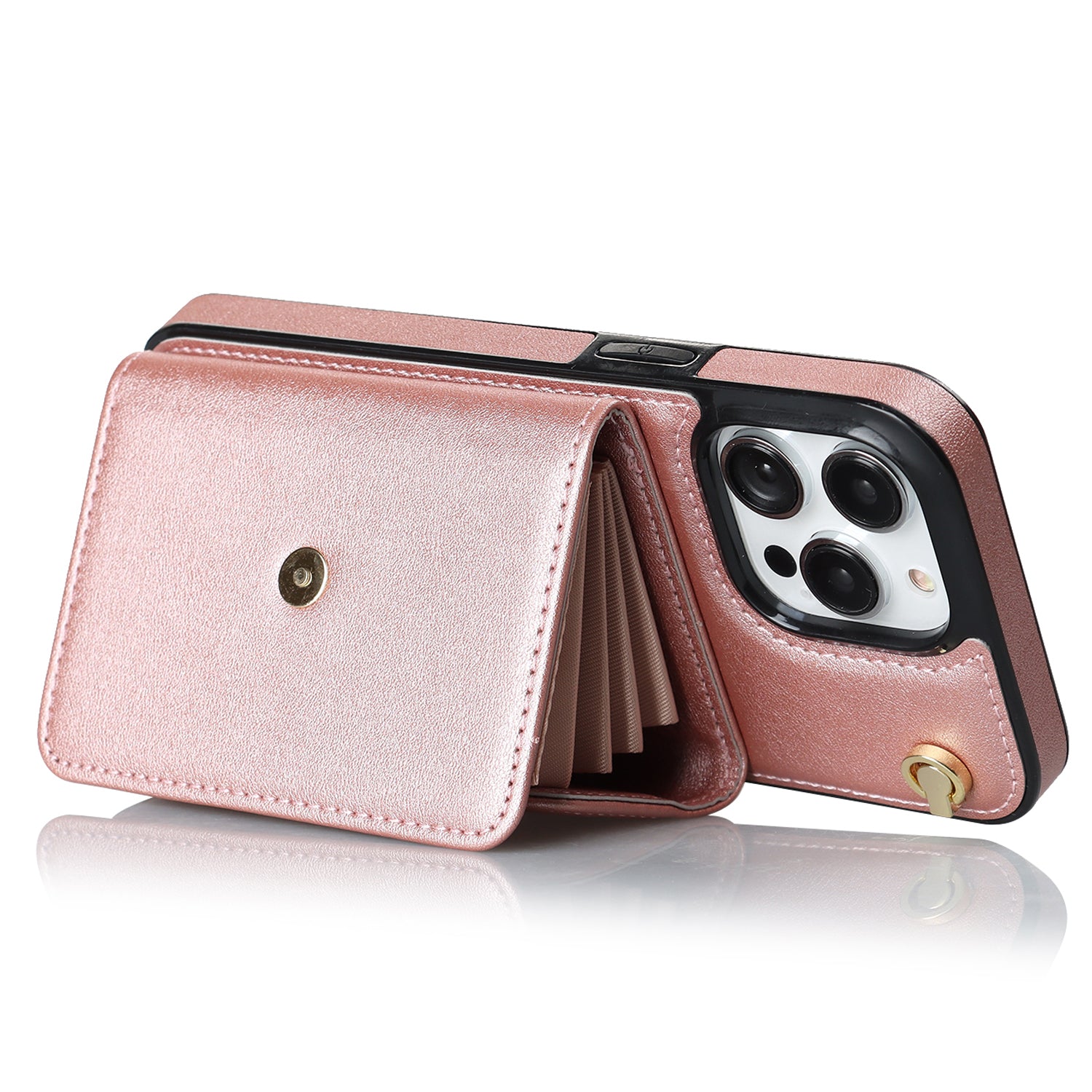 For iPhone 14 Pro Max RFID Blocking Phone Case Kickstand Accordion Style Card Holder Phone Cover with Short Strap and Long Strap