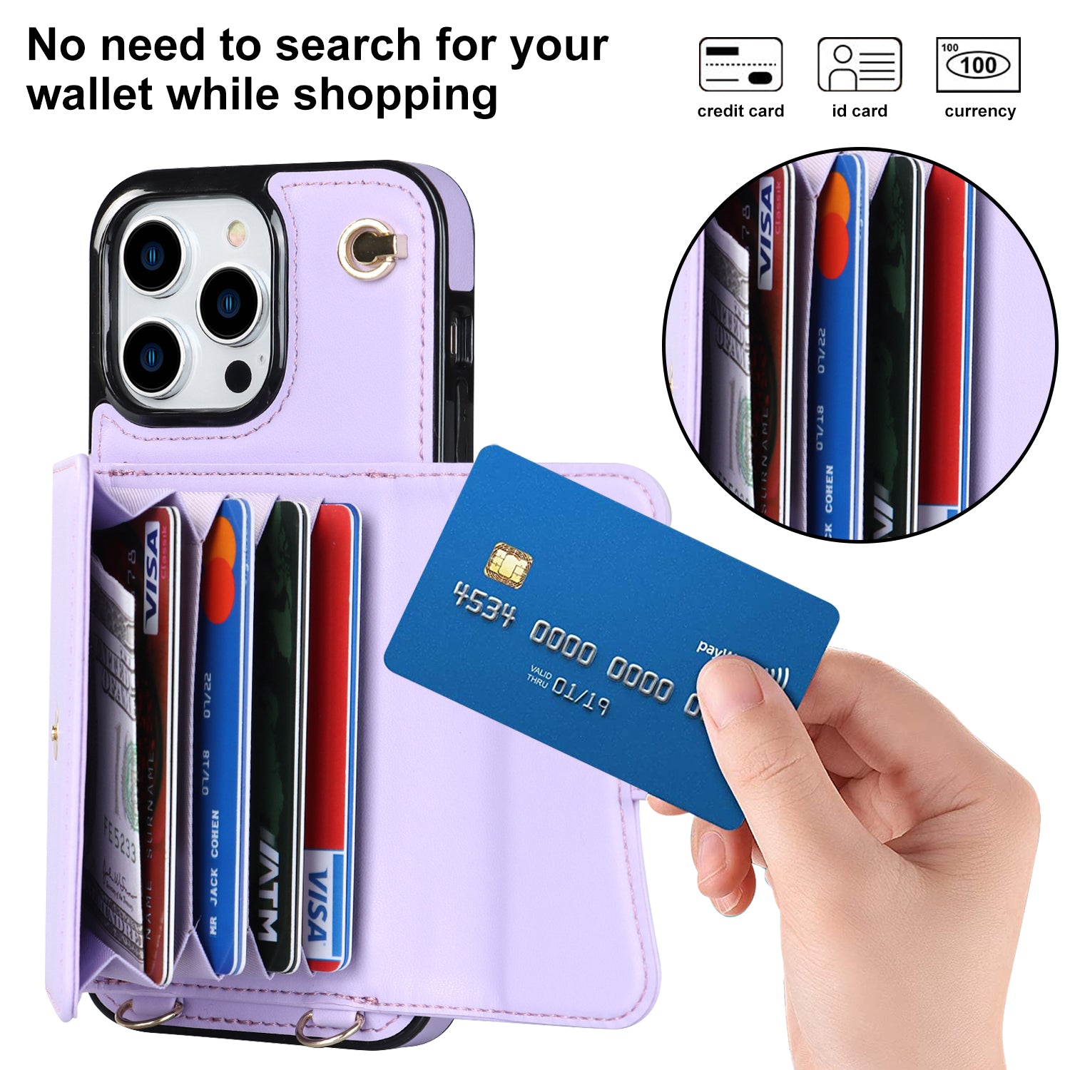 For iPhone 14 Pro Max RFID Blocking Phone Case Kickstand Accordion Style Card Holder Phone Cover with Short Strap and Long Strap