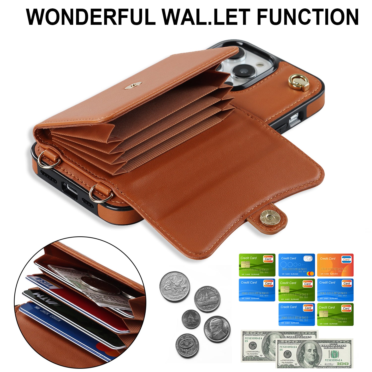 For iPhone 14 Pro Max RFID Blocking Phone Case Kickstand Accordion Style Card Holder Phone Cover with Short Strap and Long Strap