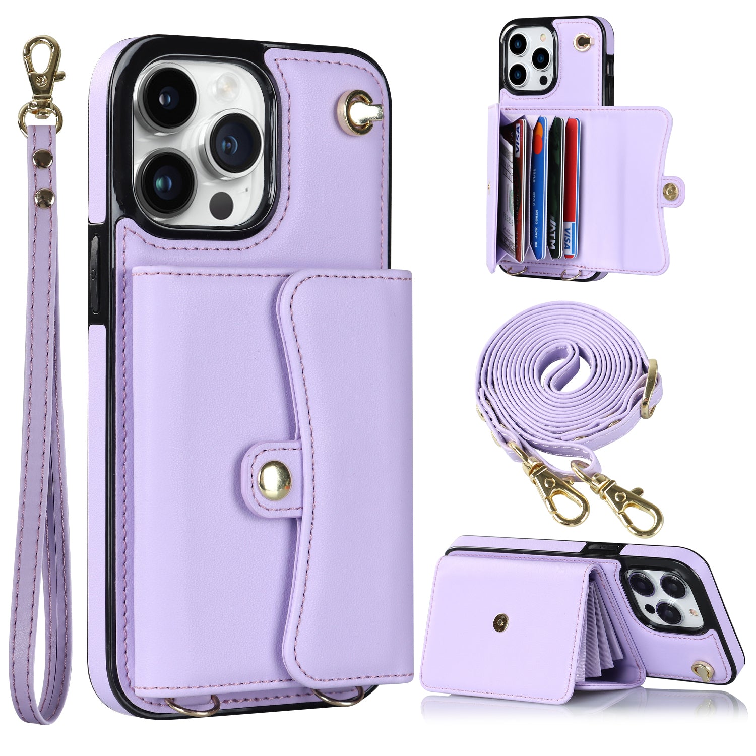 For iPhone 14 Pro Kickstand Card Holder Phone Cover RFID Blocking Accordion Style Phone Case with Short Strap and Long Strap - Black