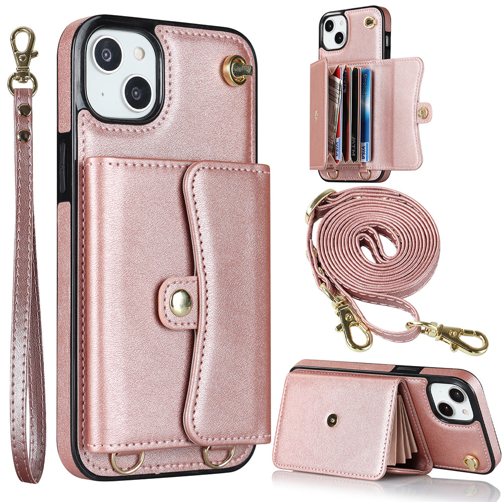 For iPhone 13 6.1 inch / 14 Accordion Style Card Slots Phone Case Kickstand RFID Blocking Cover with Short Strap and Long Strap - Black