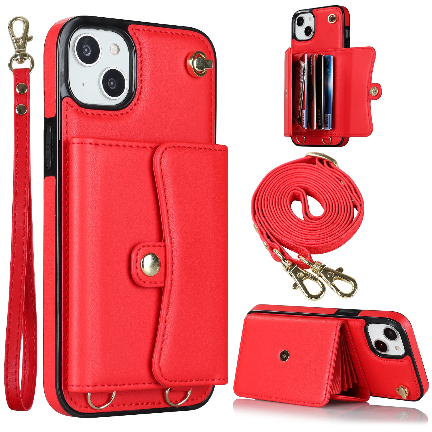For iPhone 13 6.1 inch / 14 Accordion Style Card Slots Phone Case Kickstand RFID Blocking Cover with Short Strap and Long Strap - Black