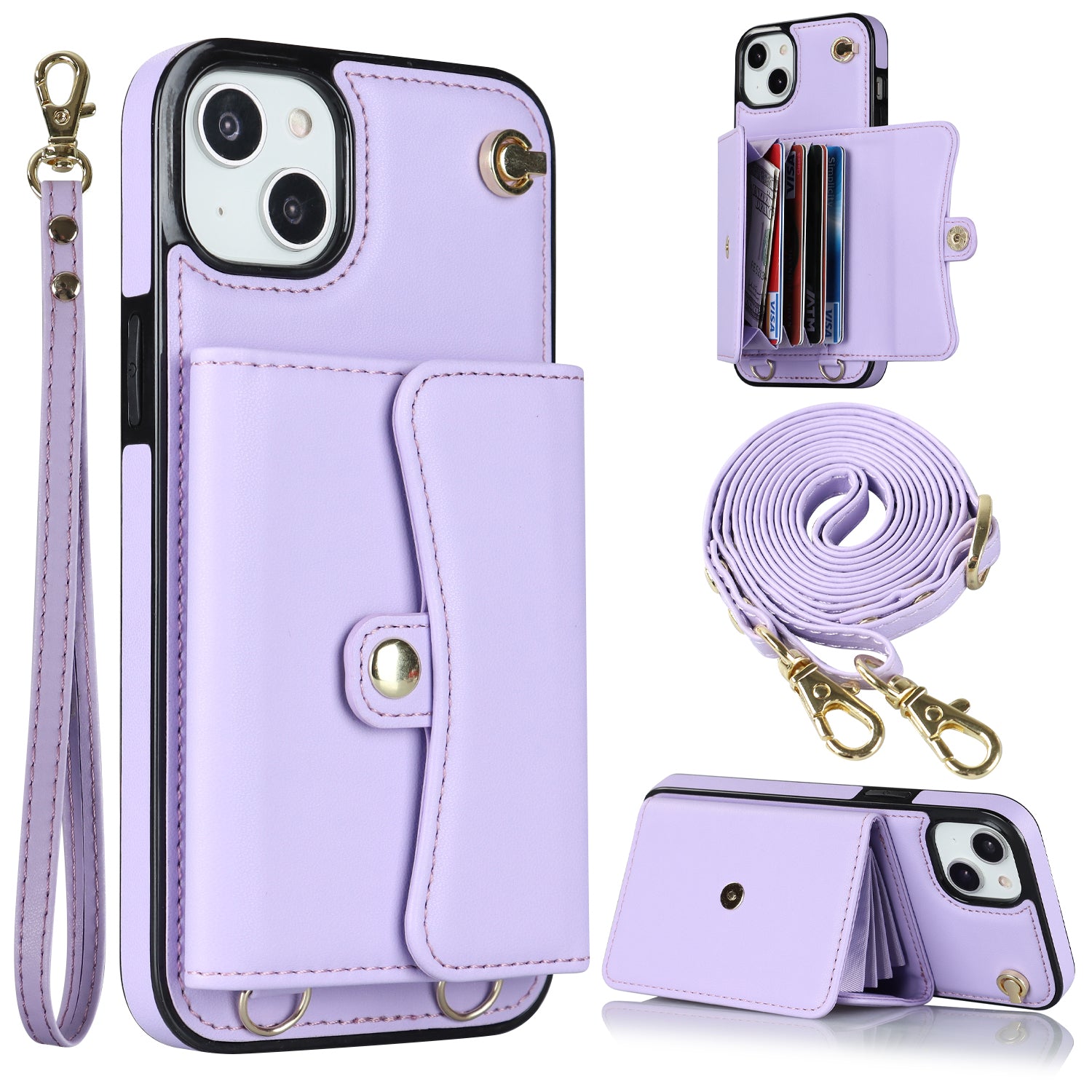 For iPhone 13 6.1 inch / 14 Accordion Style Card Slots Phone Case Kickstand RFID Blocking Cover with Short Strap and Long Strap - Black