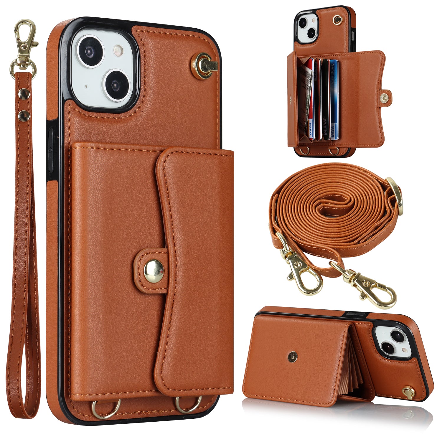 For iPhone 13 6.1 inch / 14 Accordion Style Card Slots Phone Case Kickstand RFID Blocking Cover with Short Strap and Long Strap - Black