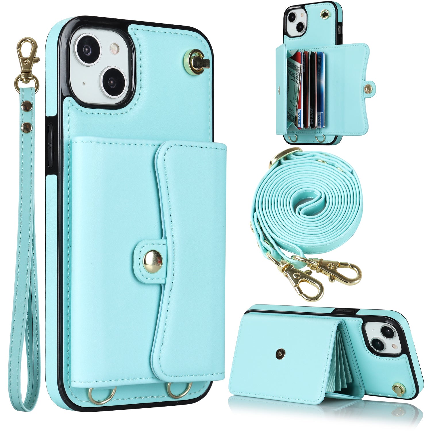 For iPhone 13 6.1 inch / 14 Accordion Style Card Slots Phone Case Kickstand RFID Blocking Cover with Short Strap and Long Strap - Black