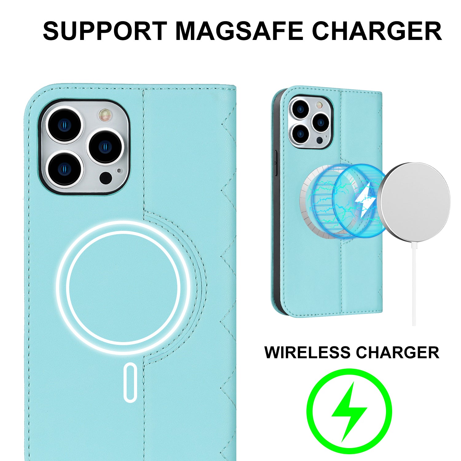 Leather Phone Case for iPhone 14 Pro Max Card Holder RFID Blocking Stand Phone Cover Compatible with MagSafe
