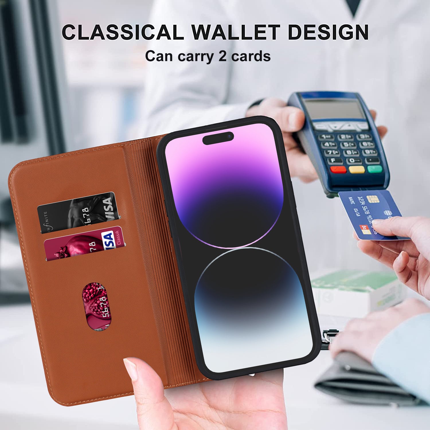 Leather Phone Case for iPhone 14 Pro Max Card Holder RFID Blocking Stand Phone Cover Compatible with MagSafe