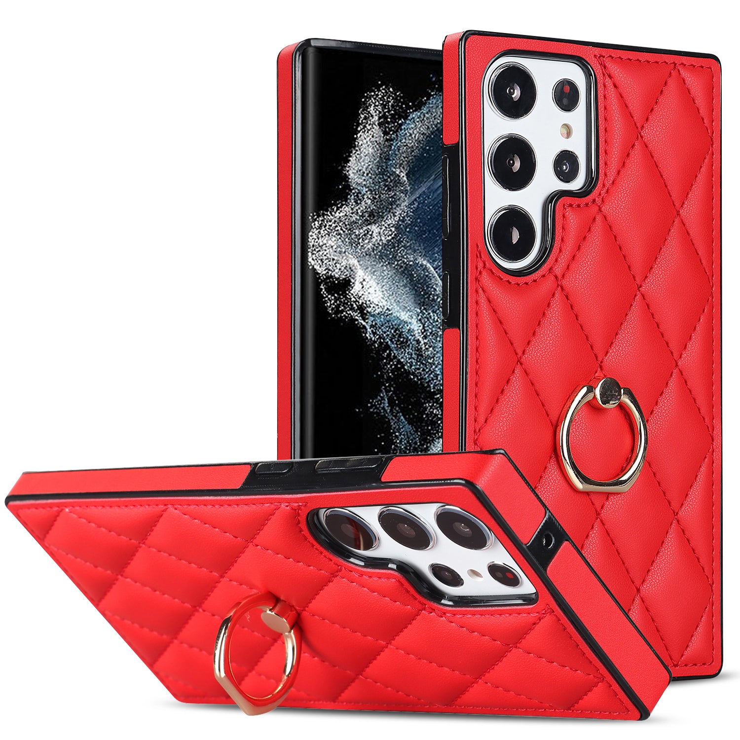 Ring Kickstand Phone Case for Samsung Galaxy S23 Ultra Imprinted Rhombus Grid Pattern PU Leather TPU Phone Cover