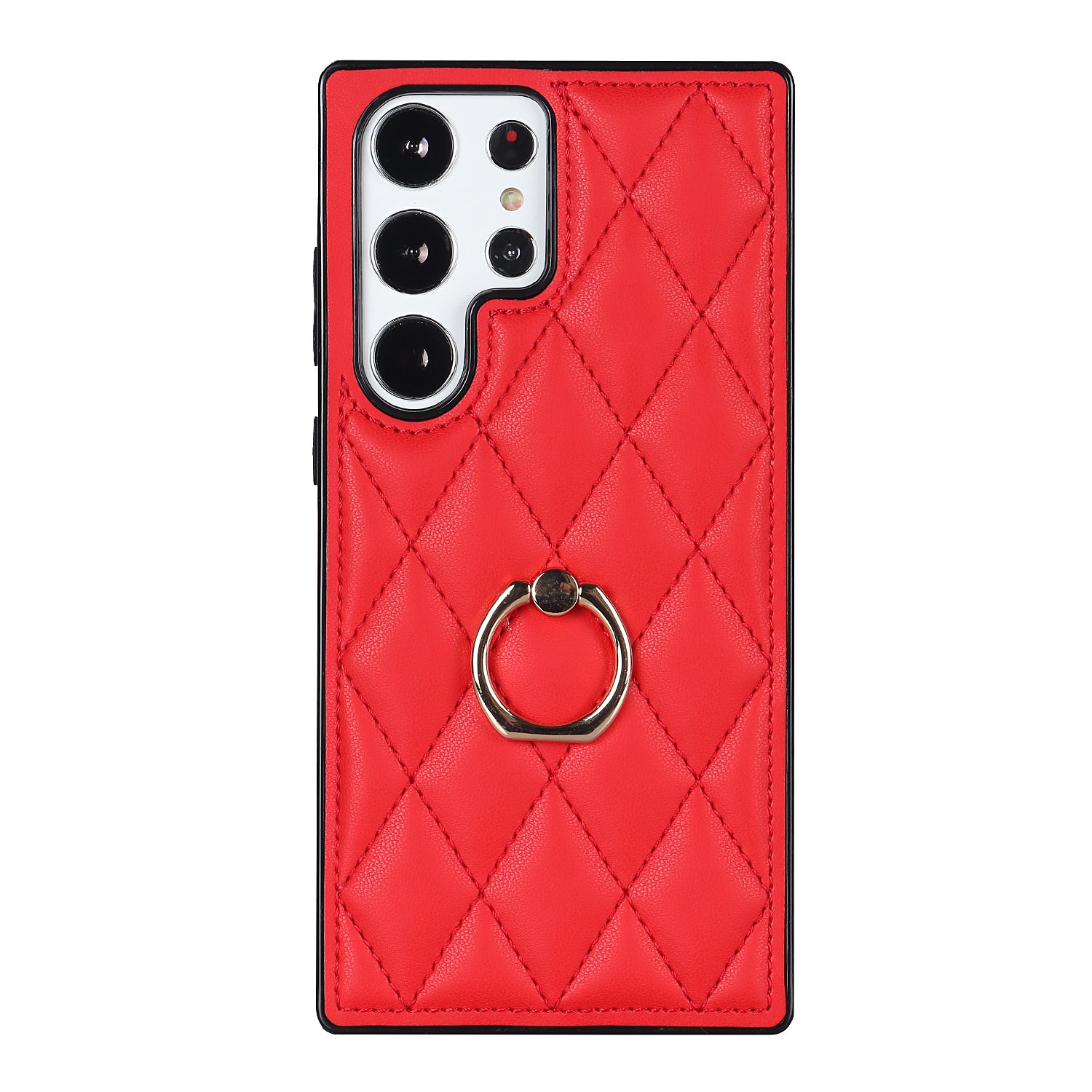 Ring Kickstand Phone Case for Samsung Galaxy S23 Ultra Imprinted Rhombus Grid Pattern PU Leather TPU Phone Cover