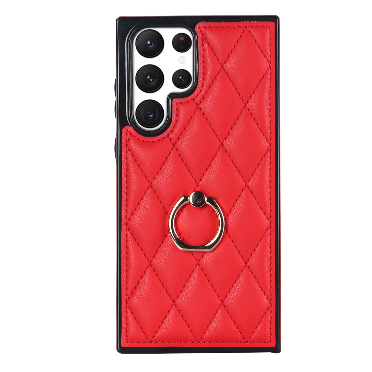 For Samsung Galaxy S22 Ultra 5G Cell Phone Case Imprinted Rhombus Grid Pattern Ring Kickstand Leather Coated TPU Cover