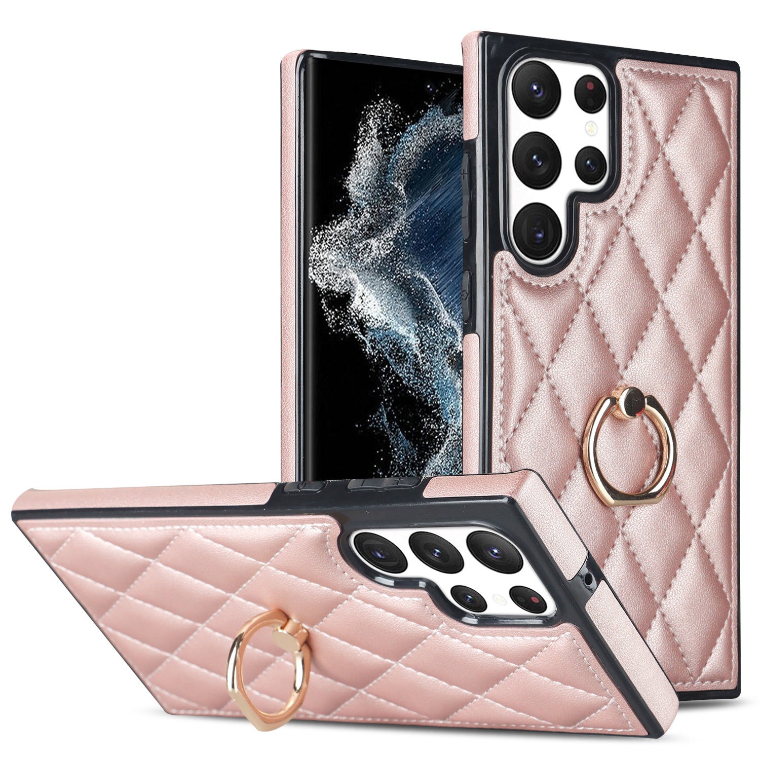 For Samsung Galaxy S22 Ultra 5G Cell Phone Case Imprinted Rhombus Grid Pattern Ring Kickstand Leather Coated TPU Cover