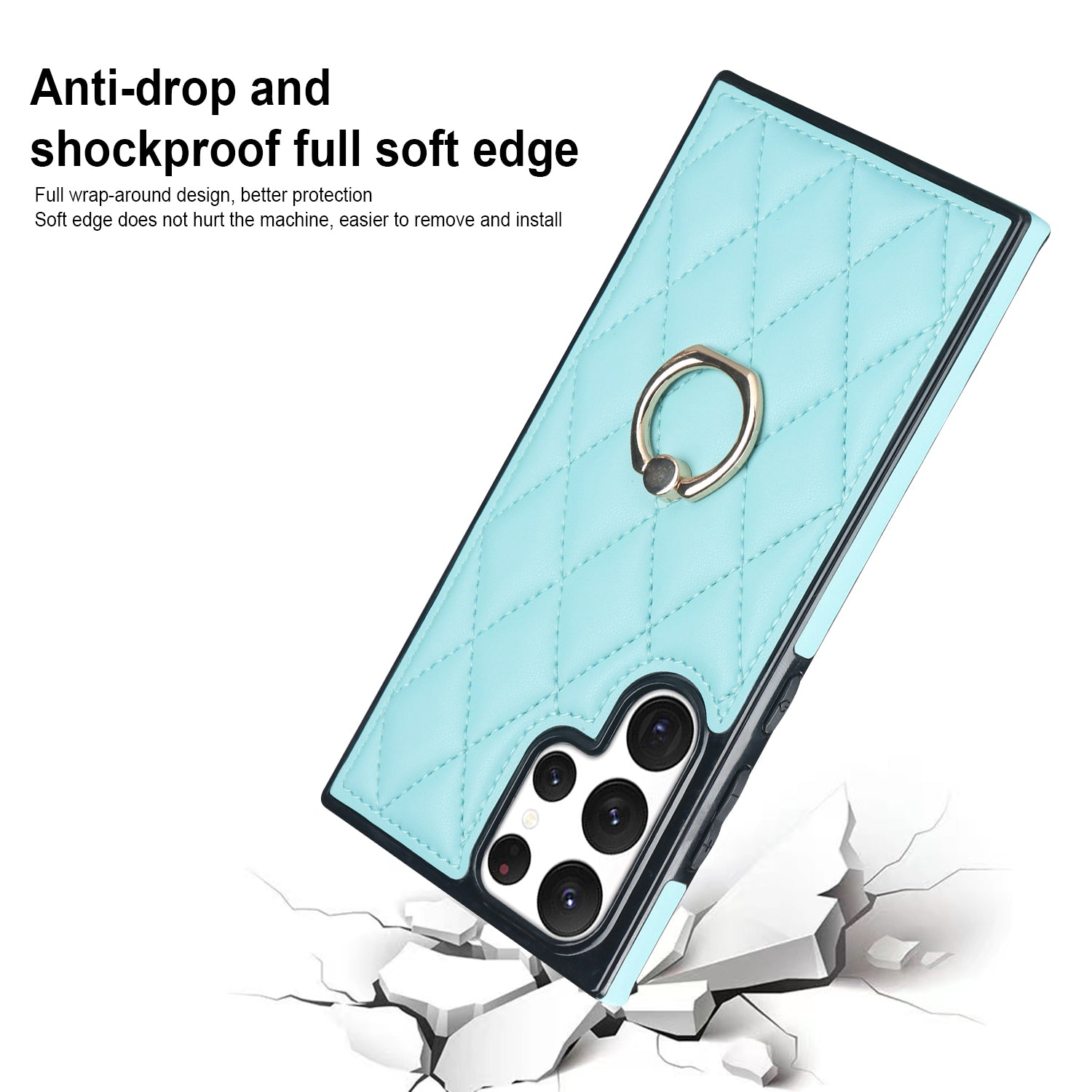 For Samsung Galaxy S22 Ultra 5G Cell Phone Case Imprinted Rhombus Grid Pattern Ring Kickstand Leather Coated TPU Cover