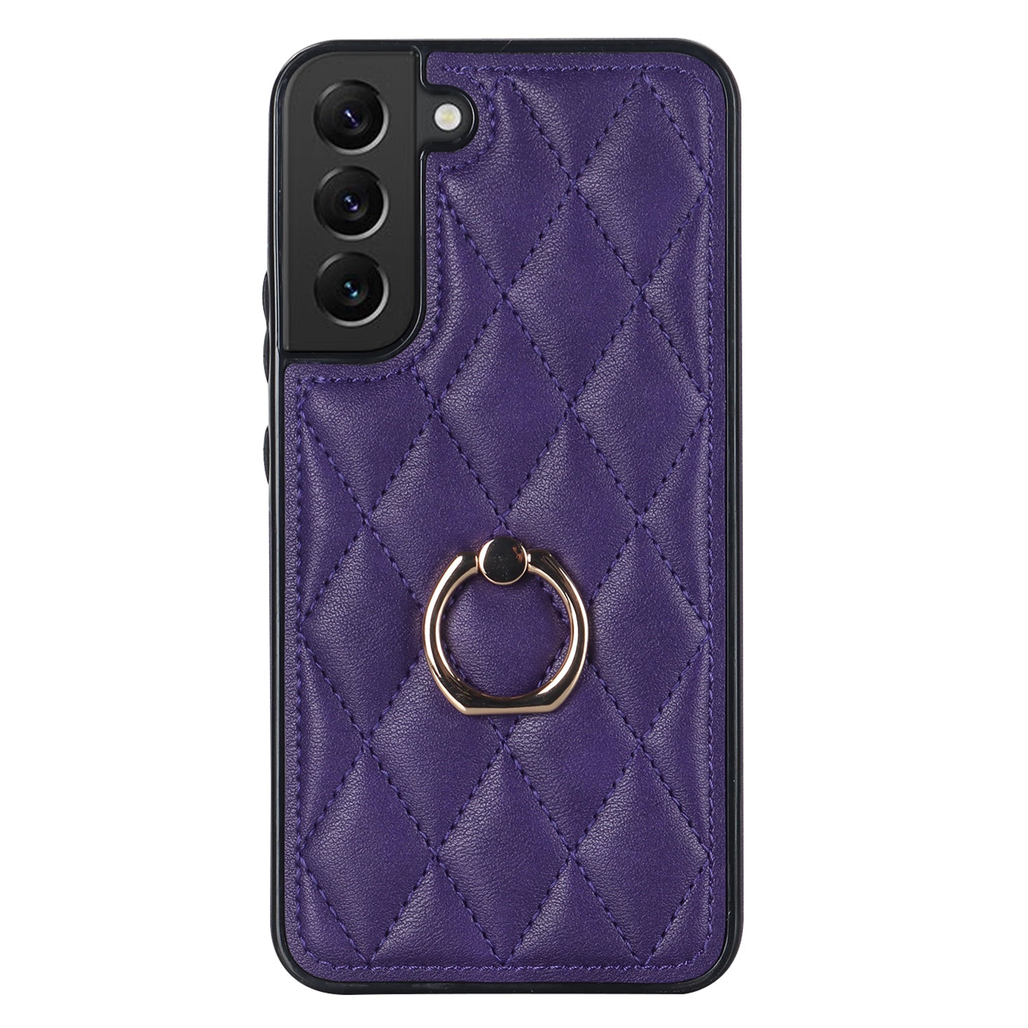 For Samsung Galaxy S22 5G Ring Kickstand PU Leather Coated TPU Case Imprinted Rhombus Grid Pattern Cell Phone Cover
