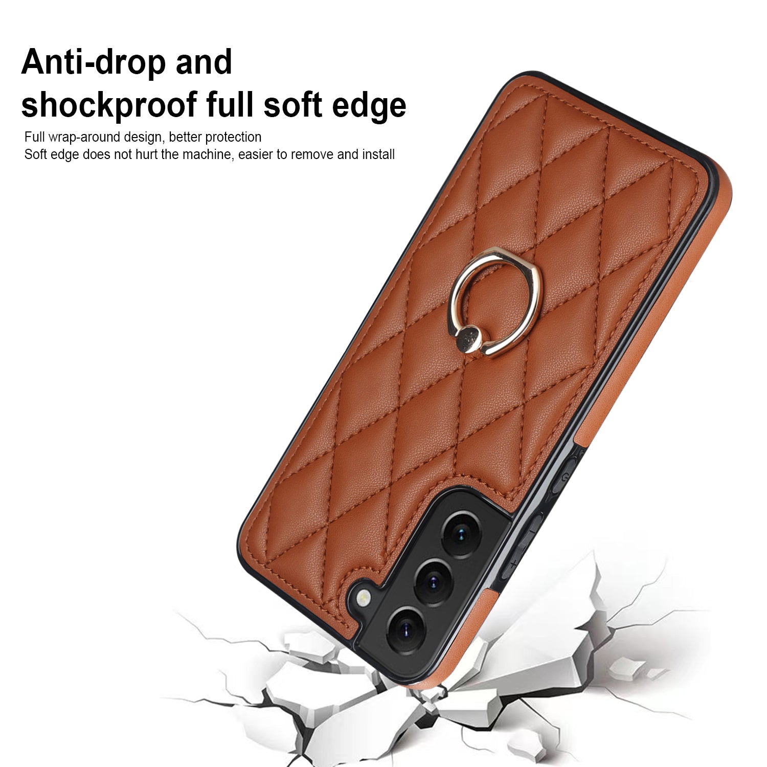 For Samsung Galaxy S22 5G Ring Kickstand PU Leather Coated TPU Case Imprinted Rhombus Grid Pattern Cell Phone Cover