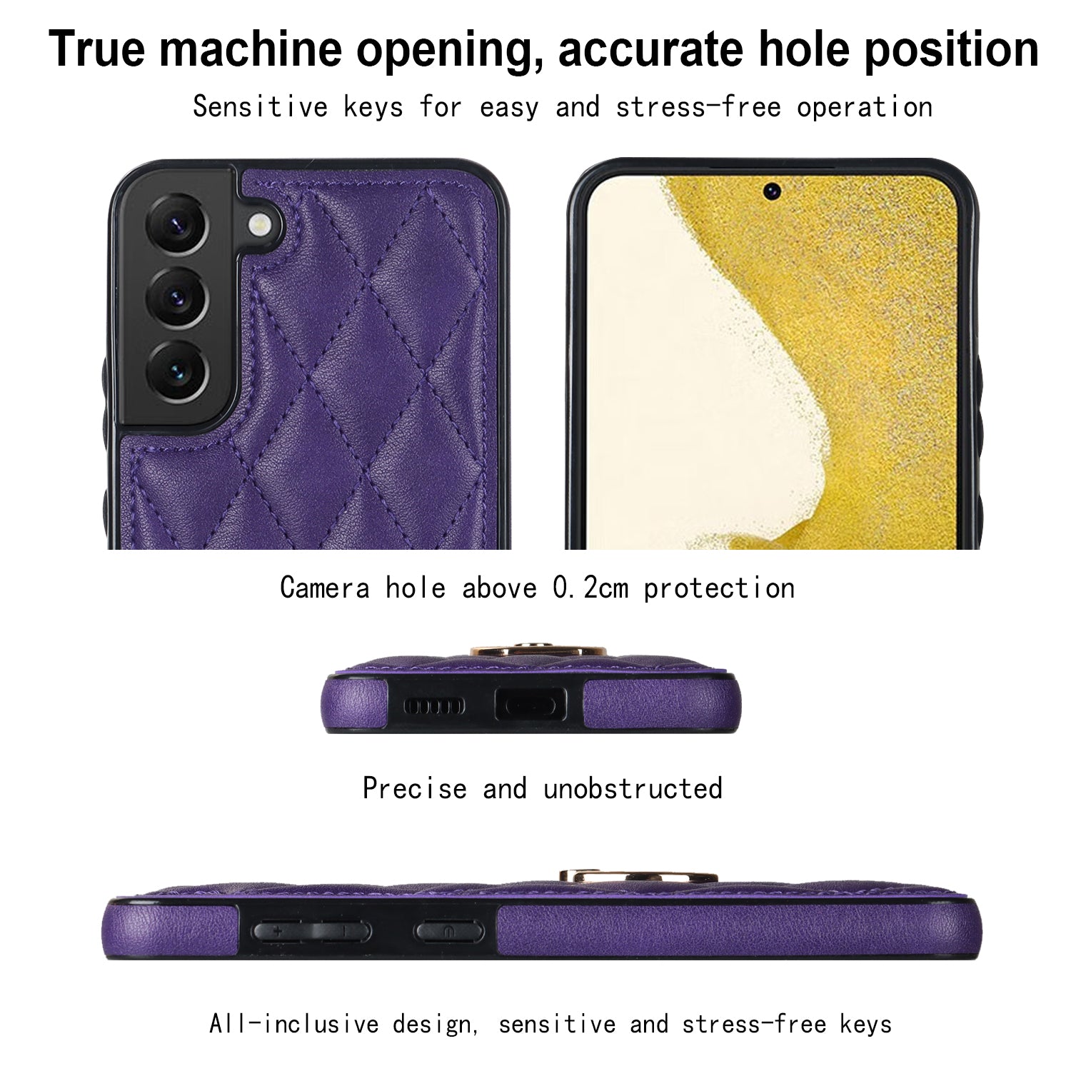For Samsung Galaxy S22 5G Ring Kickstand Phone Case Imprinted Rhombus Grid Pattern Leather Coated TPU Cover