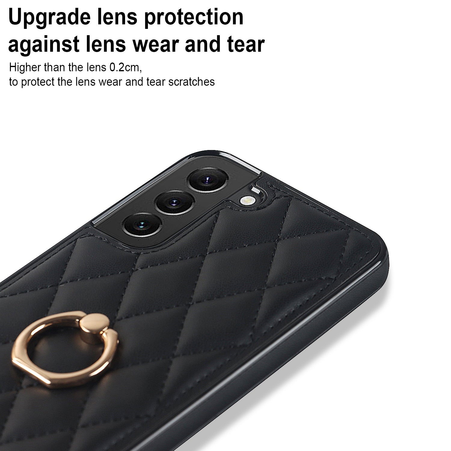 For Samsung Galaxy S22 5G Ring Kickstand Phone Case Imprinted Rhombus Grid Pattern Leather Coated TPU Cover