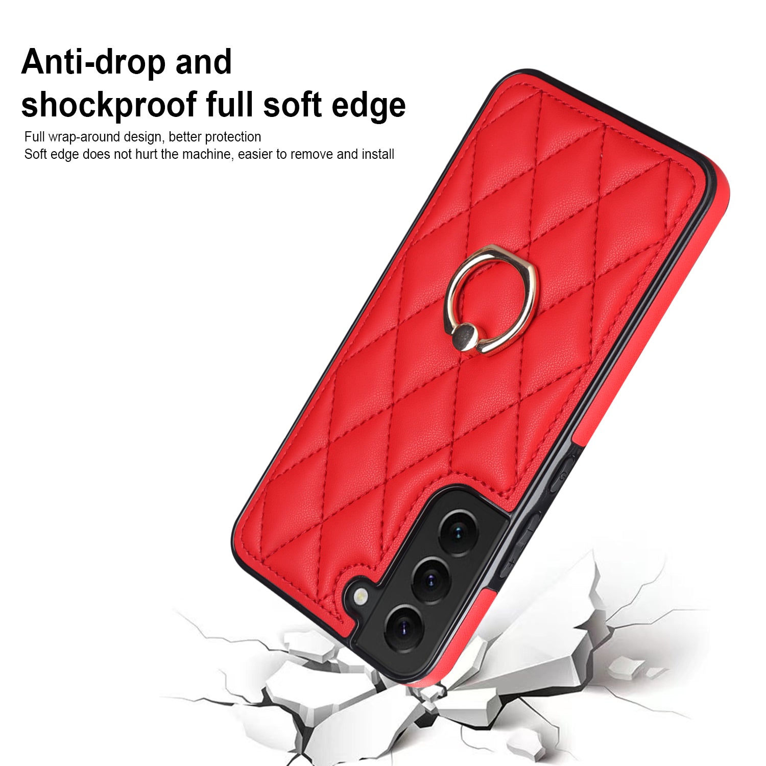 For Samsung Galaxy S22 5G Ring Kickstand Phone Case Imprinted Rhombus Grid Pattern Leather Coated TPU Cover