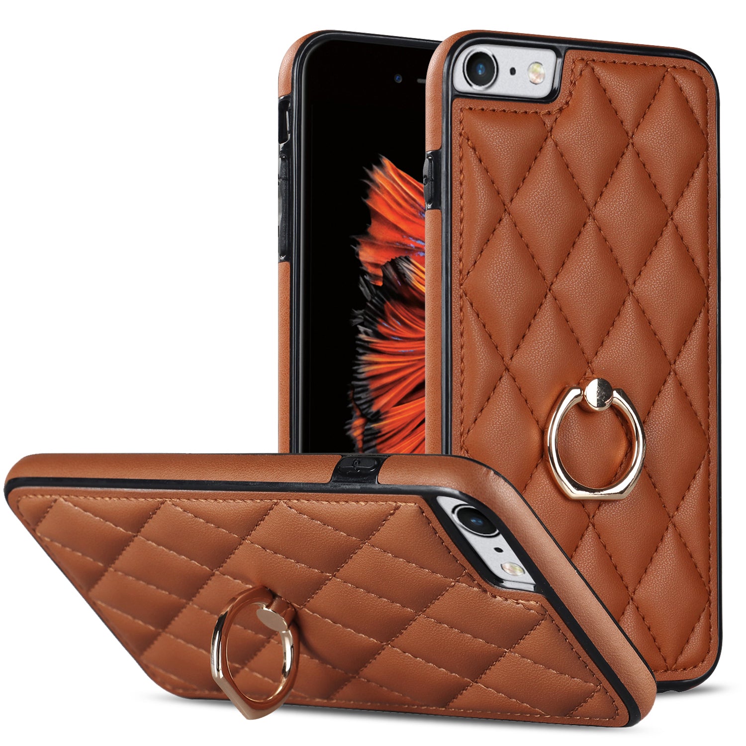 For iPhone SE (2020) SE (2022) 7 8 4.7 inch PU Leather TPU Protective Cover Imprinted Rhombus Grid Pattern Rotation Ring Kickstand Phone Case