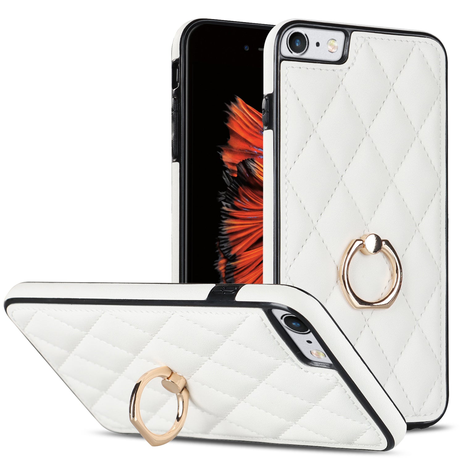 For iPhone SE (2020) / SE (2022) / 7 / 8 4.7 inch PU Leather + TPU Protective Cover Imprinted Rhombus Grid Pattern Rotation Ring Kickstand Phone Case - Rose Gold