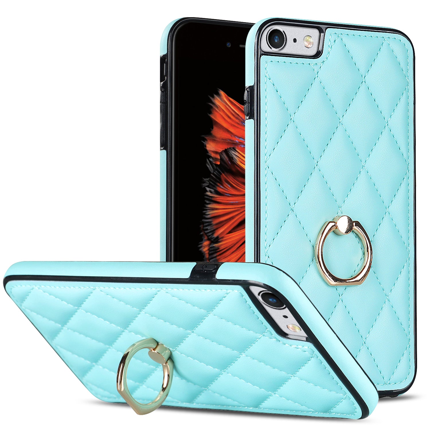 For iPhone SE (2020) / SE (2022) / 7 / 8 4.7 inch PU Leather + TPU Protective Cover Imprinted Rhombus Grid Pattern Rotation Ring Kickstand Phone Case - Rose Gold