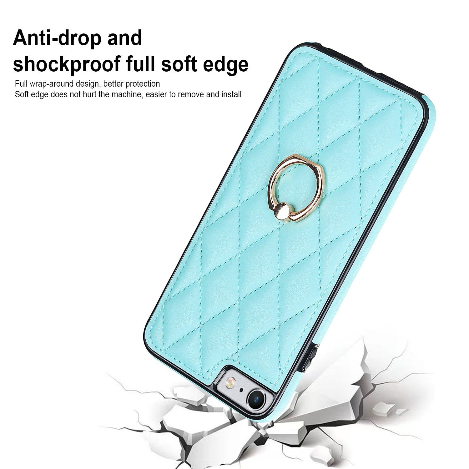 For iPhone SE (2020) SE (2022) 7 8 4.7 inch PU Leather TPU Protective Cover Imprinted Rhombus Grid Pattern Rotation Ring Kickstand Phone Case