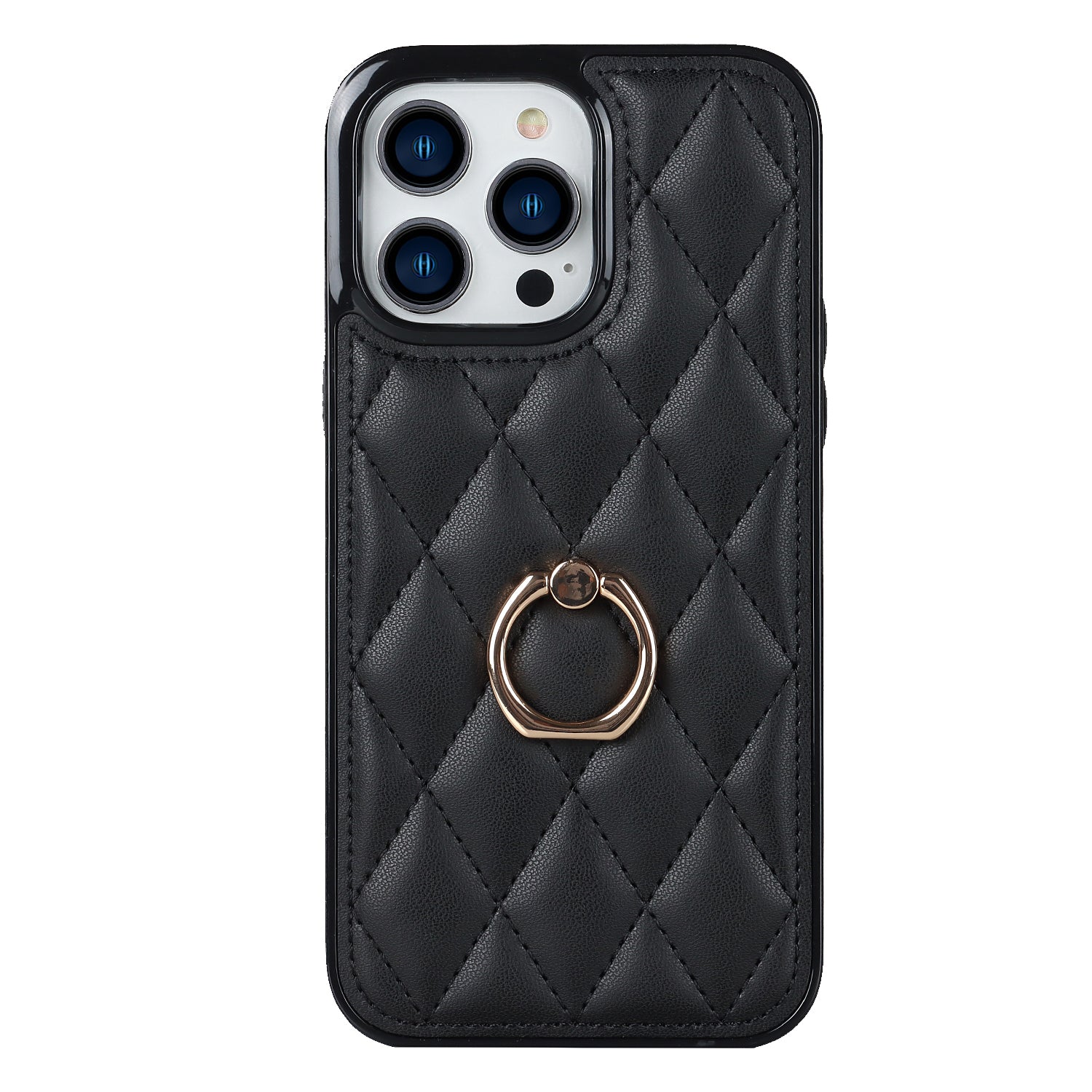 Rotation Ring Kickstand Phone Case for iPhone 14 Pro Max PU Leather TPU Rhombus Grid Pattern Non-Slip Cover