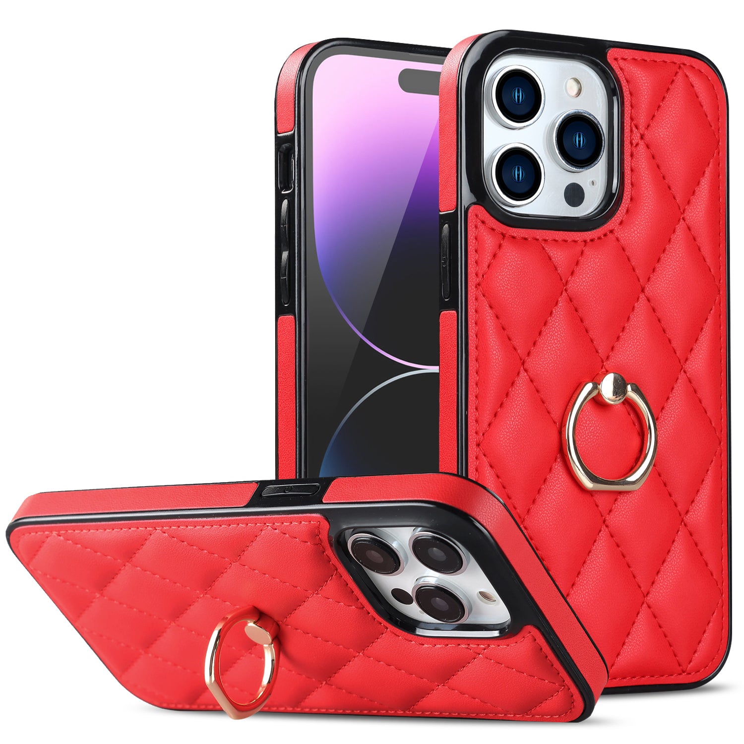 Rotation Ring Kickstand Phone Case for iPhone 14 Pro Max PU Leather TPU Rhombus Grid Pattern Non-Slip Cover
