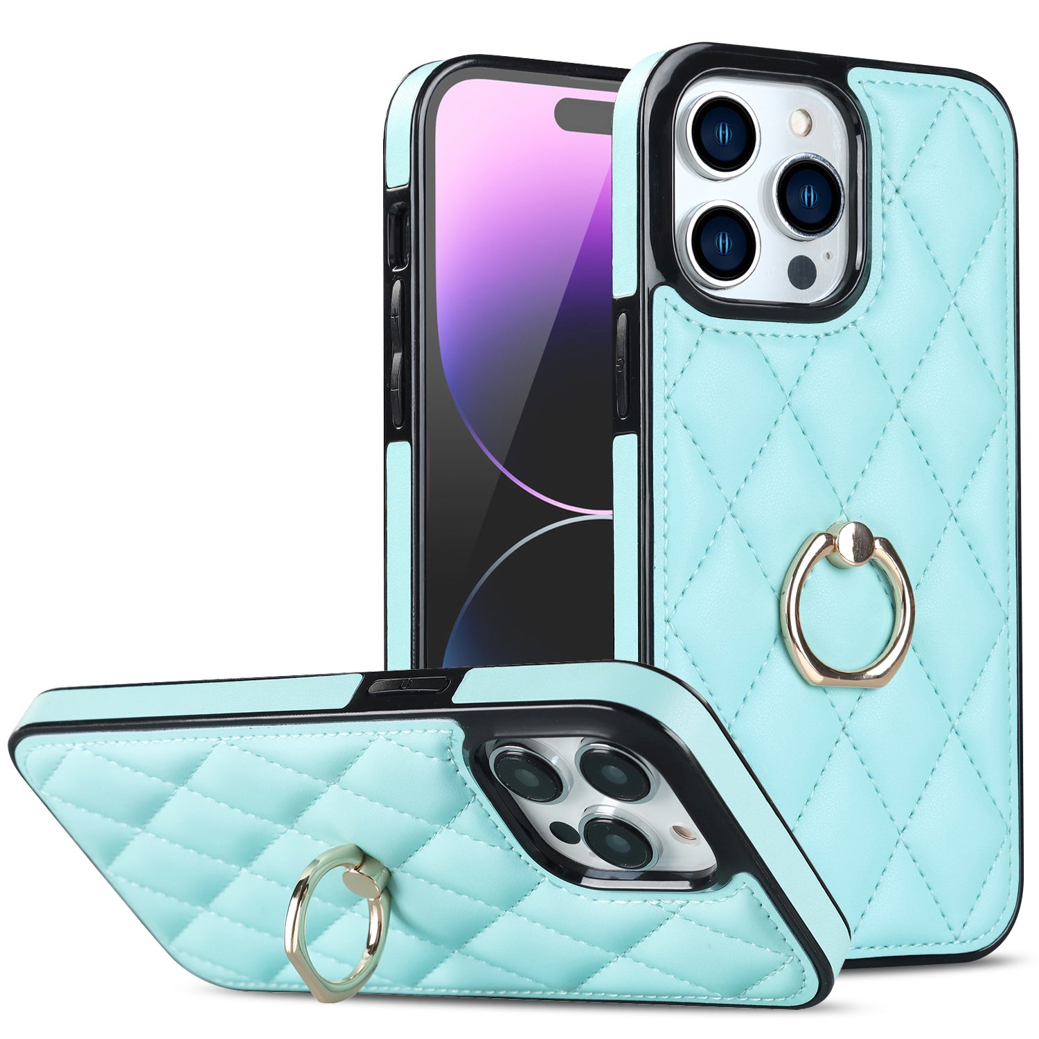Rotation Ring Kickstand Phone Case for iPhone 14 Pro Max PU Leather TPU Rhombus Grid Pattern Non-Slip Cover