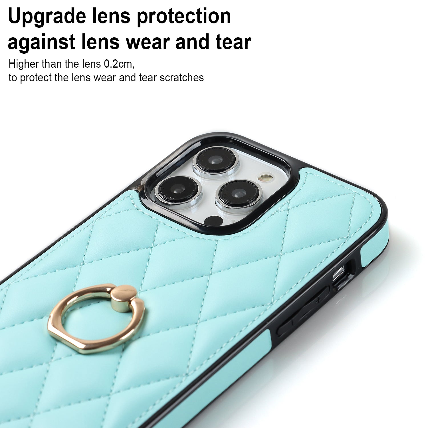 Rotation Ring Kickstand Phone Case for iPhone 14 Pro Max PU Leather TPU Rhombus Grid Pattern Non-Slip Cover