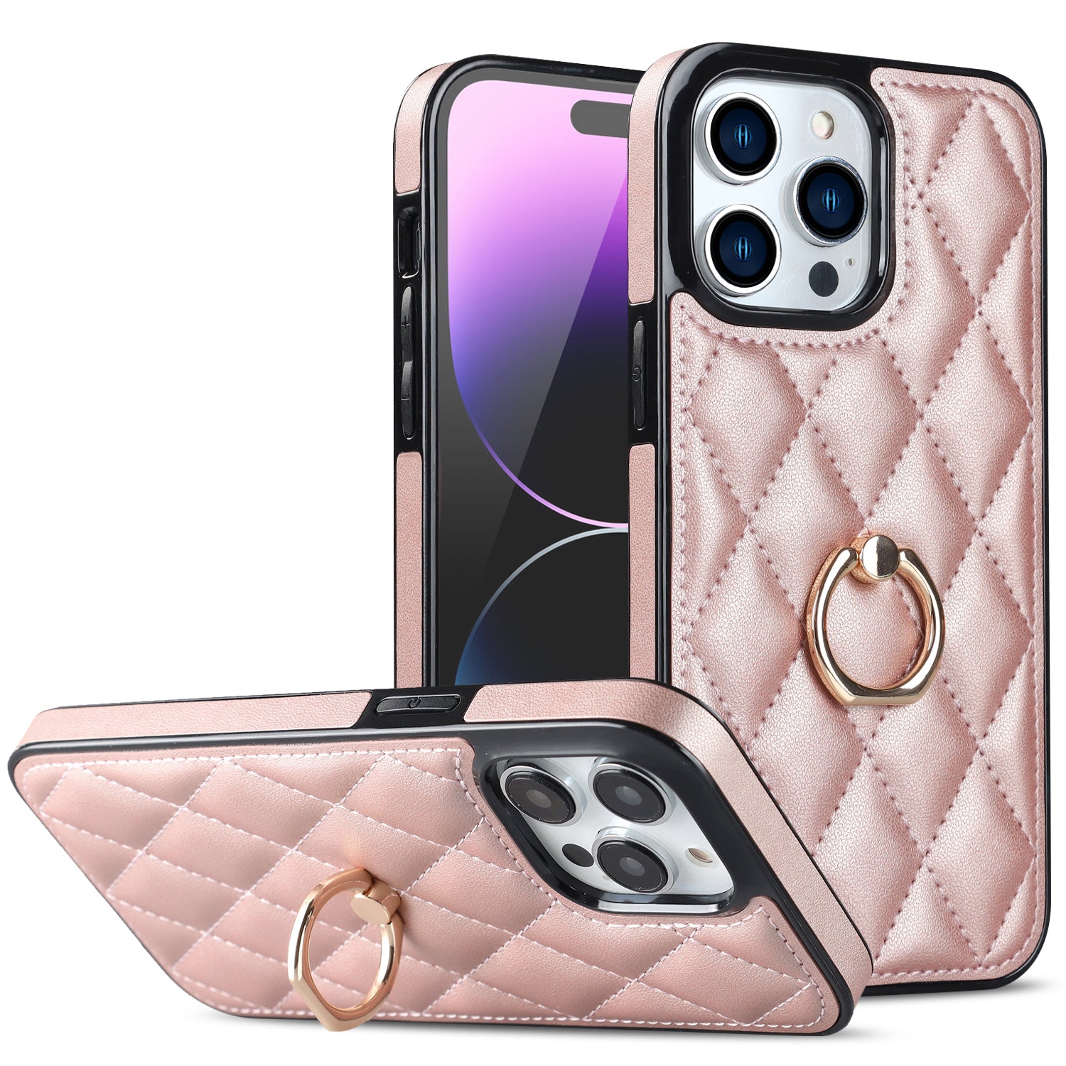 Rotation Ring Kickstand Phone Case for iPhone 14 Pro Max PU Leather TPU Rhombus Grid Pattern Non-Slip Cover