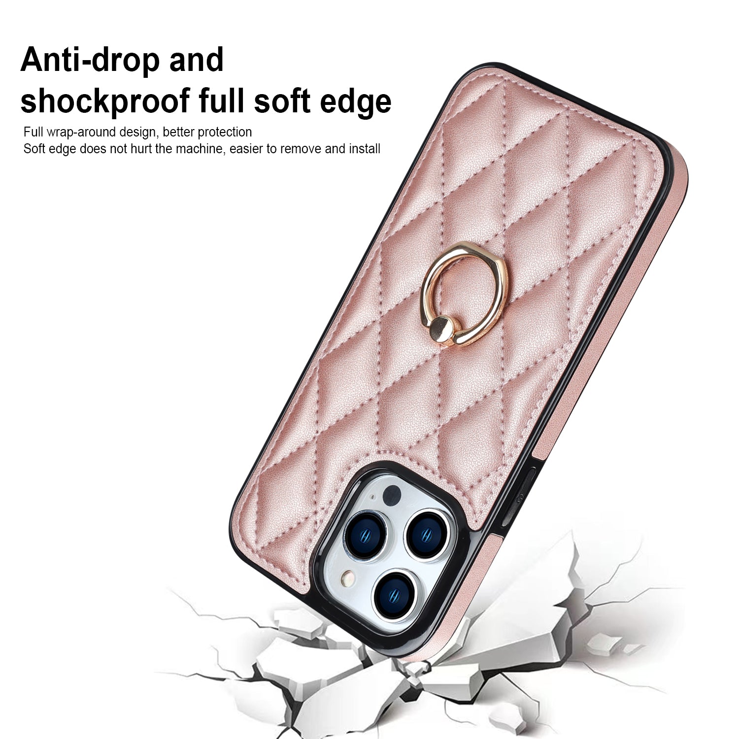 Rotation Ring Kickstand Phone Case for iPhone 14 Pro Max PU Leather TPU Rhombus Grid Pattern Non-Slip Cover